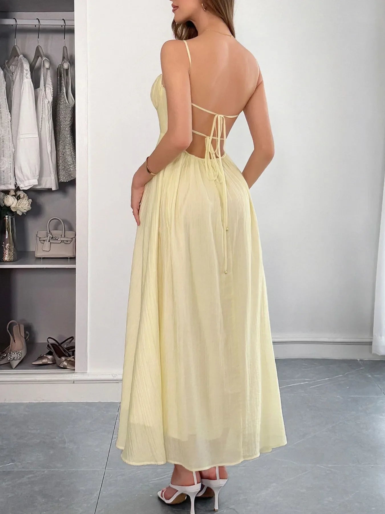 Texture Sweetheart Neck Backless Cami Dress
