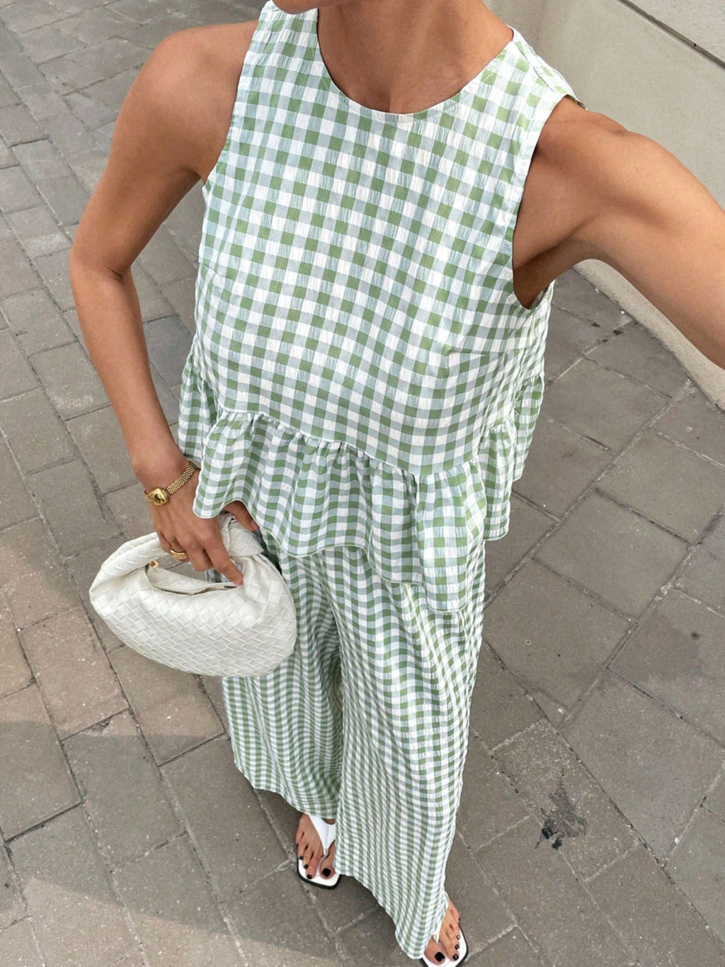 Gingham Sleeveless Top and Wide-Leg Pants Set