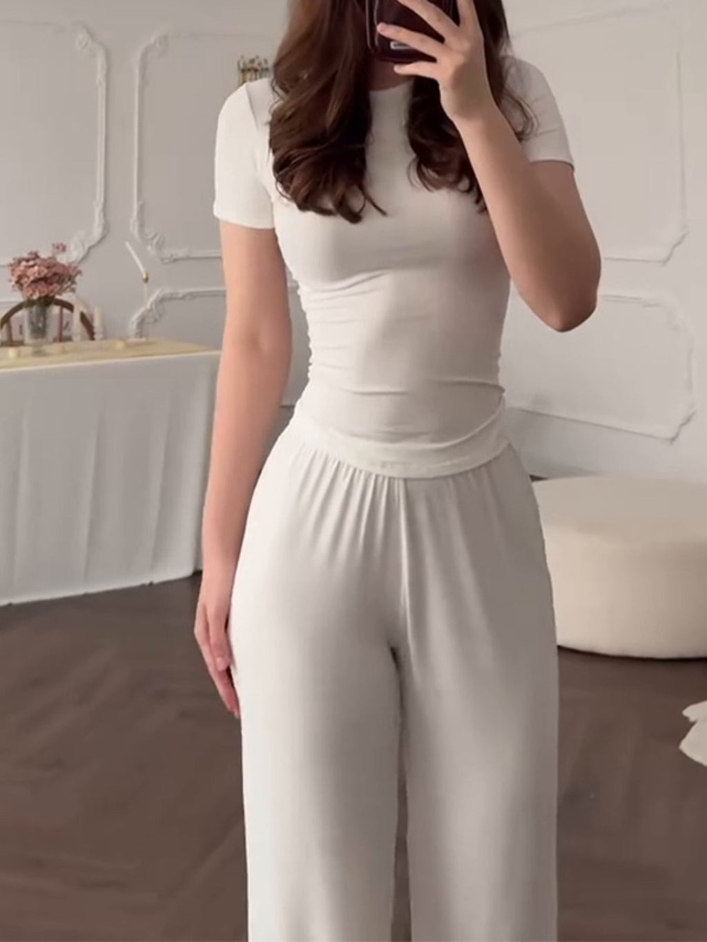 Full Size Round Neck Top and Wide Leg Pants Set Plus Size