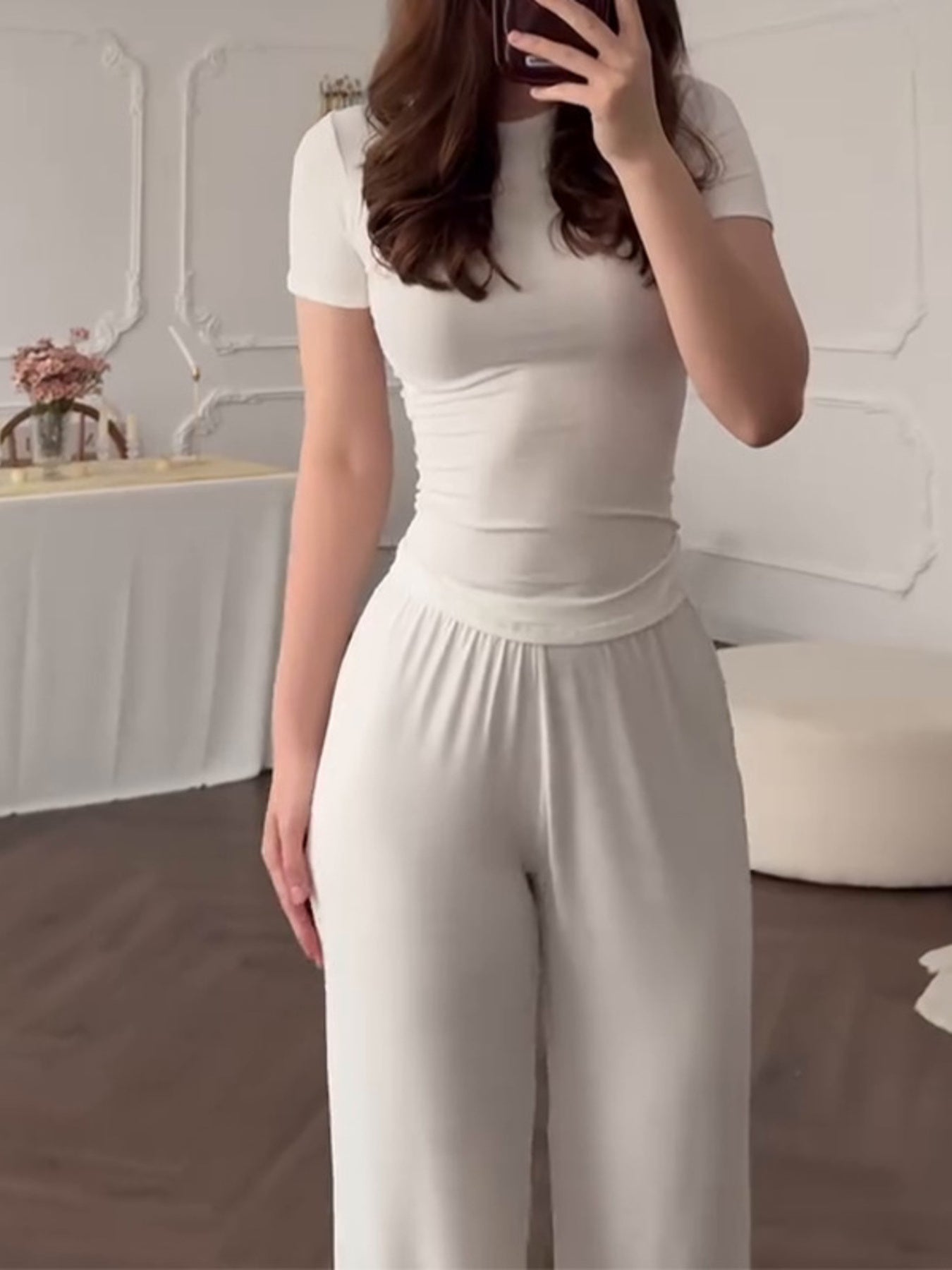 Full Size Round Neck Top and Wide Leg Pants Set Plus Size