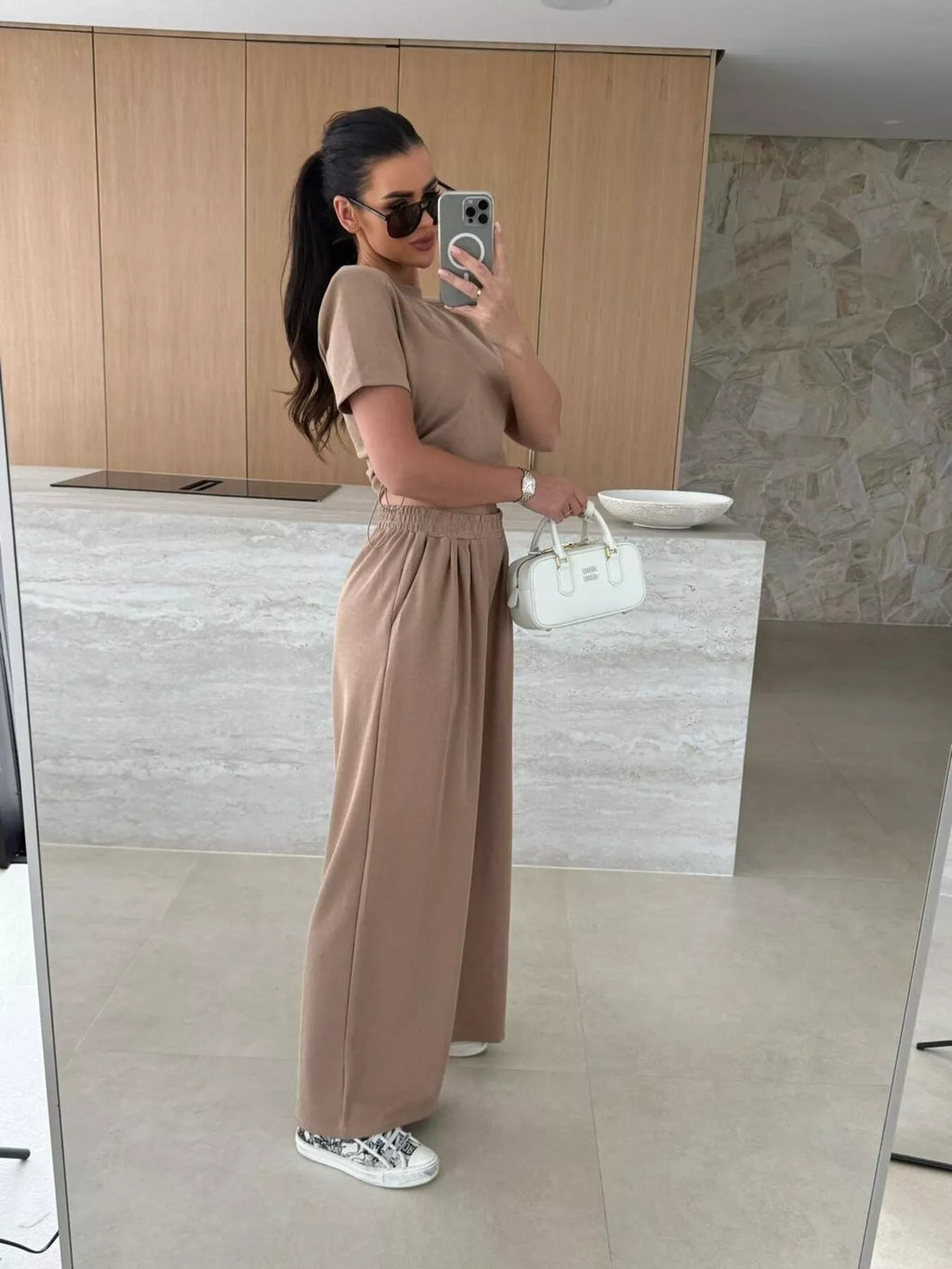 Drawstring Crop Top and Wide-Leg Pants Set