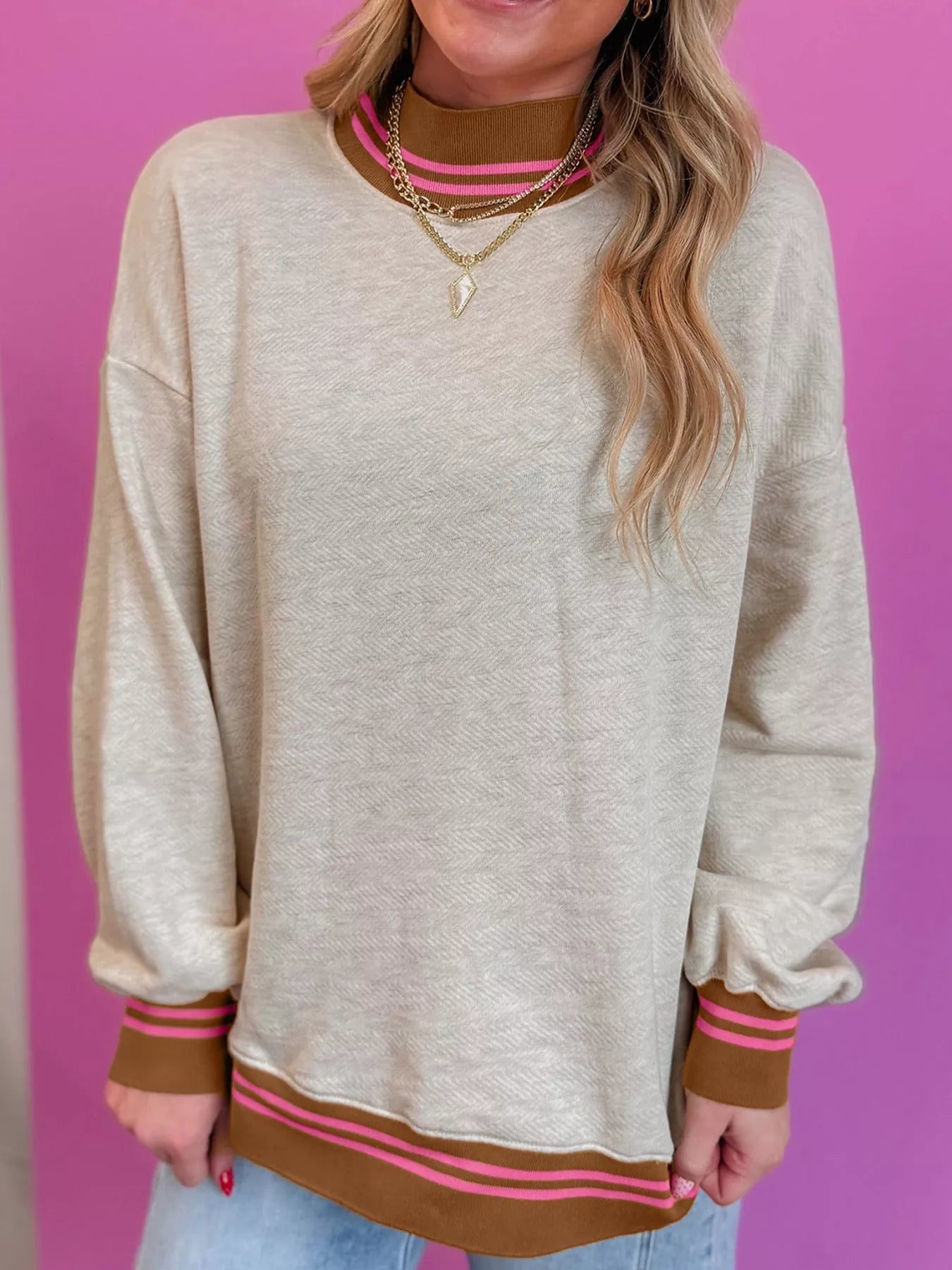 Ribbed Stand Neck Long Sleeve Loose Fit Sweatshirt