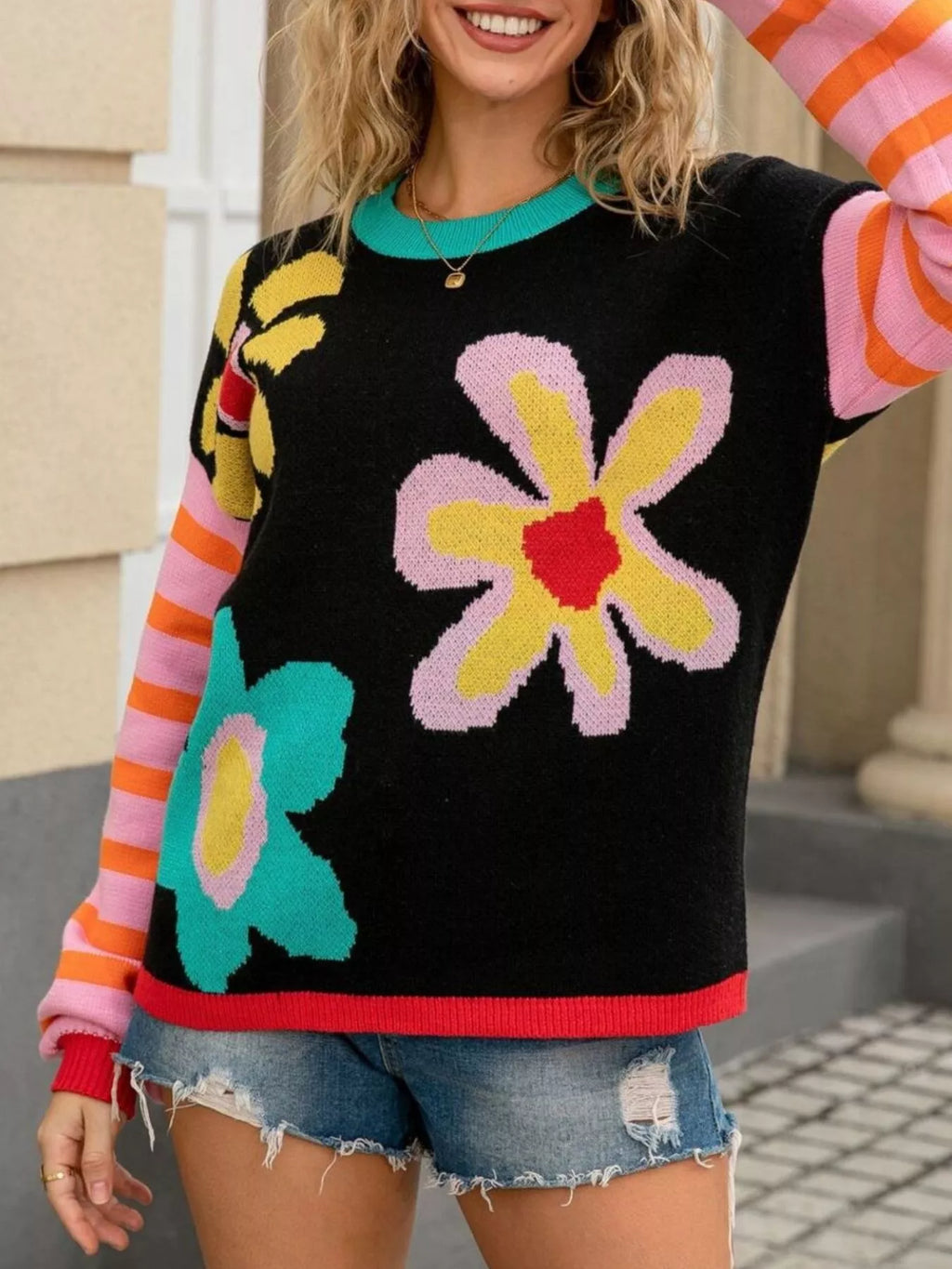 Floral Striped Crew Neck Sweater