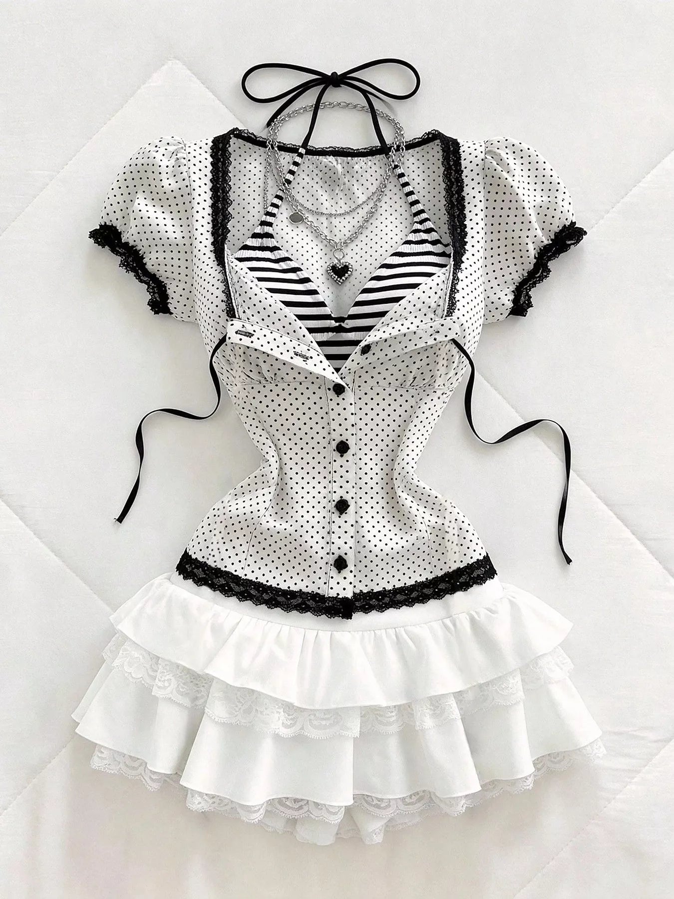 Polka Dot Lace Trim Puff Sleeve Top