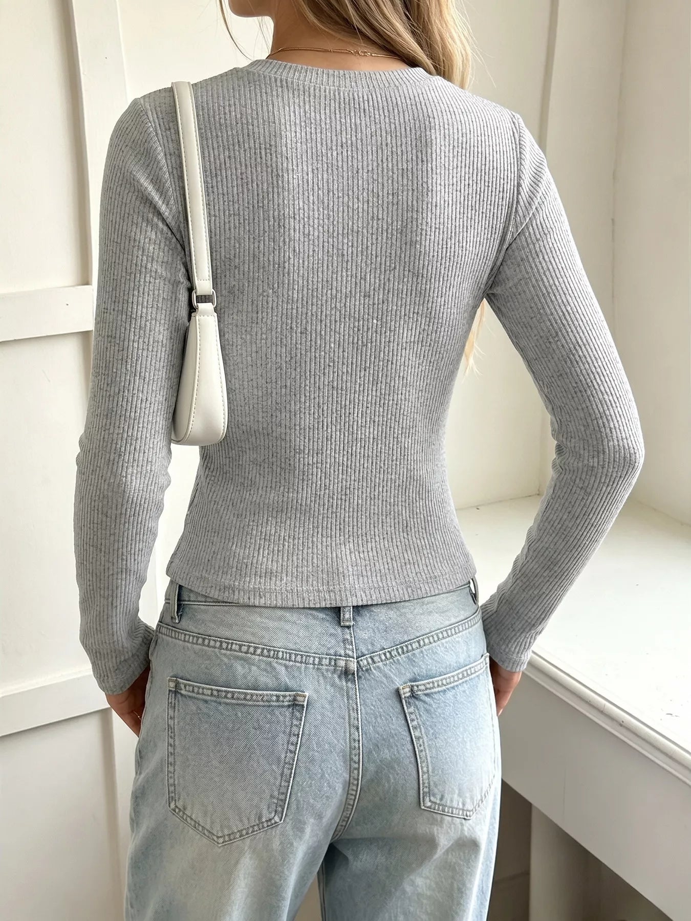 Ribbed Lace Trim Henley T-Shirt