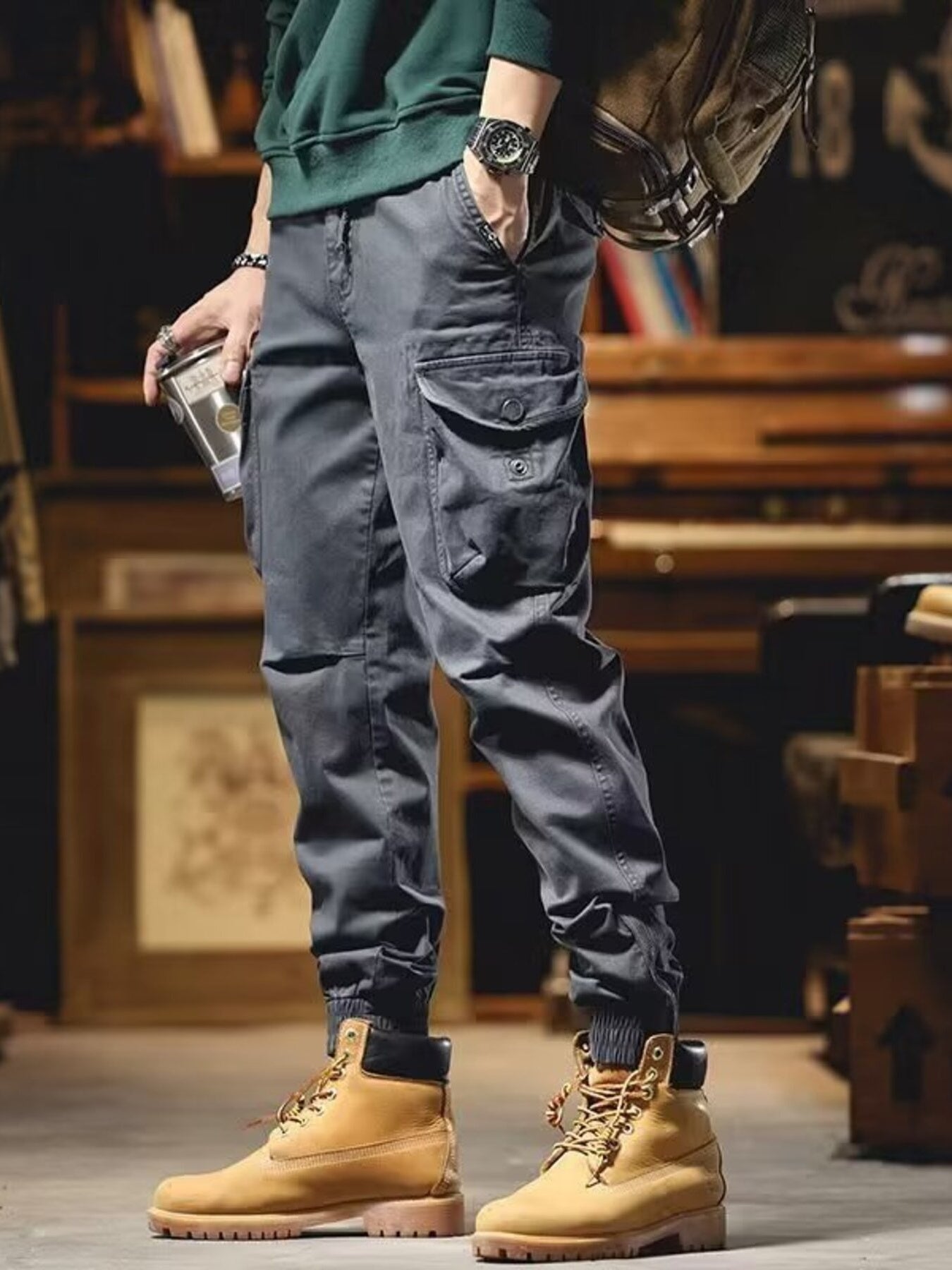 Men's Plus Size Casual Cargo Pants with Elastic Cuff