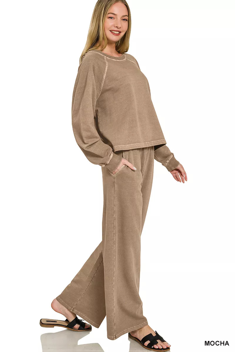 Zenana Washed F/terry Round Neck Pullover & Pants Set