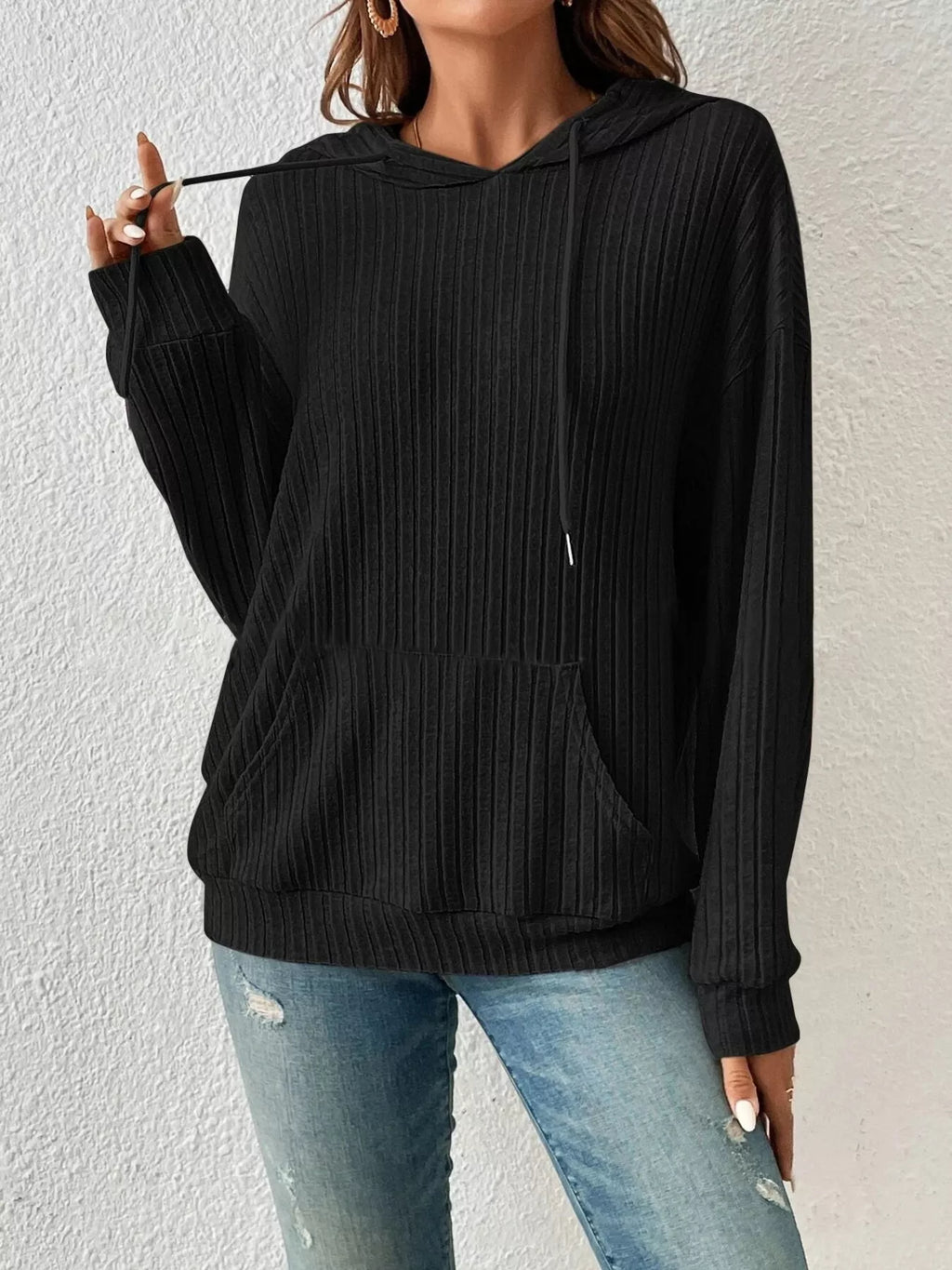 Ribbed Knit Long Sleeve Drawstring Hoodie