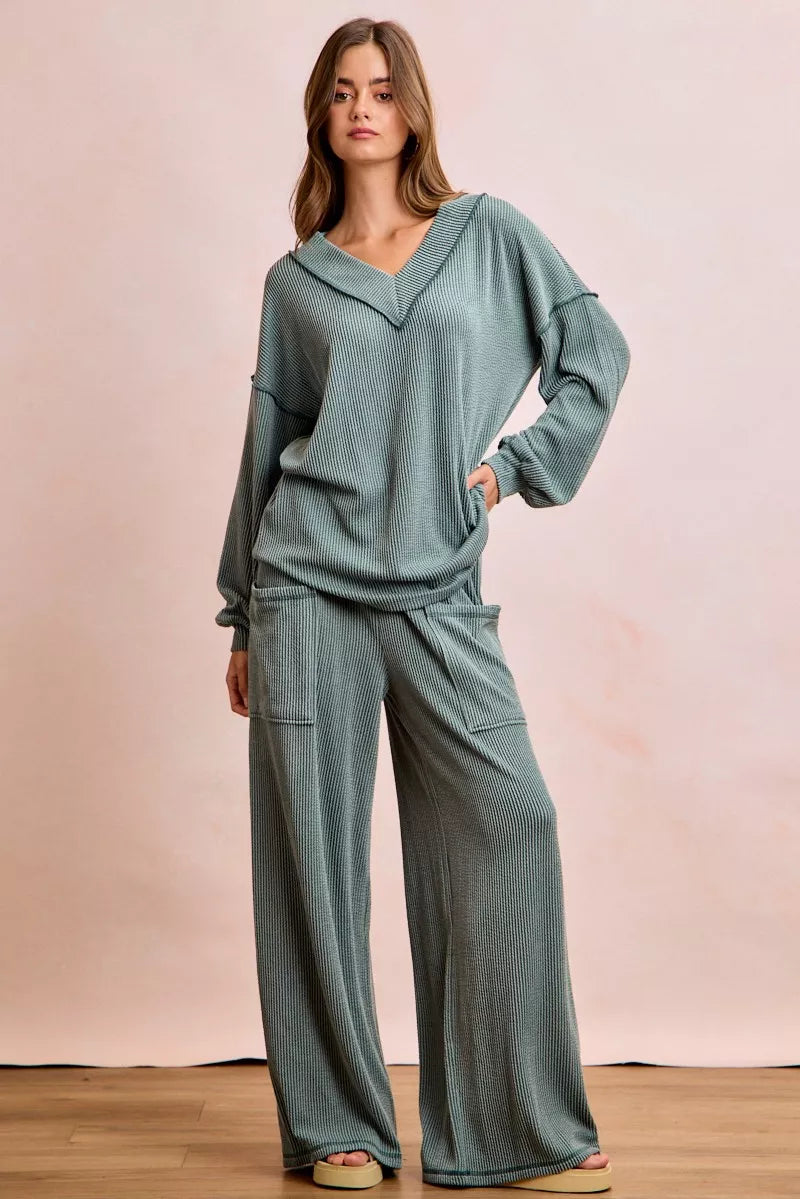 BiBi Two Tone Cord Rib Contrast Stitching V-Neck Top and Pants Set