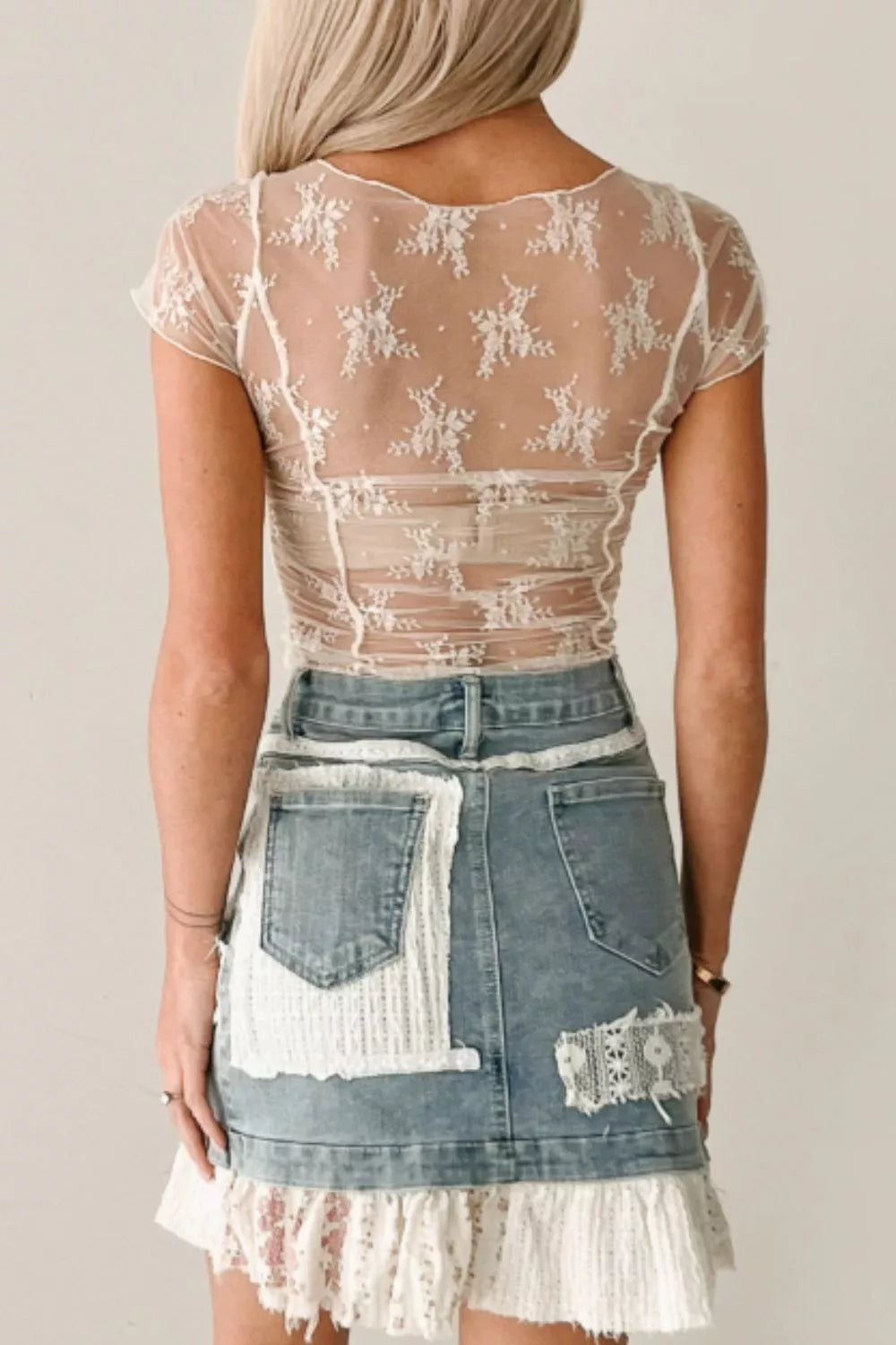 Exposed Seam Ruched Sheer Floral Mesh Top