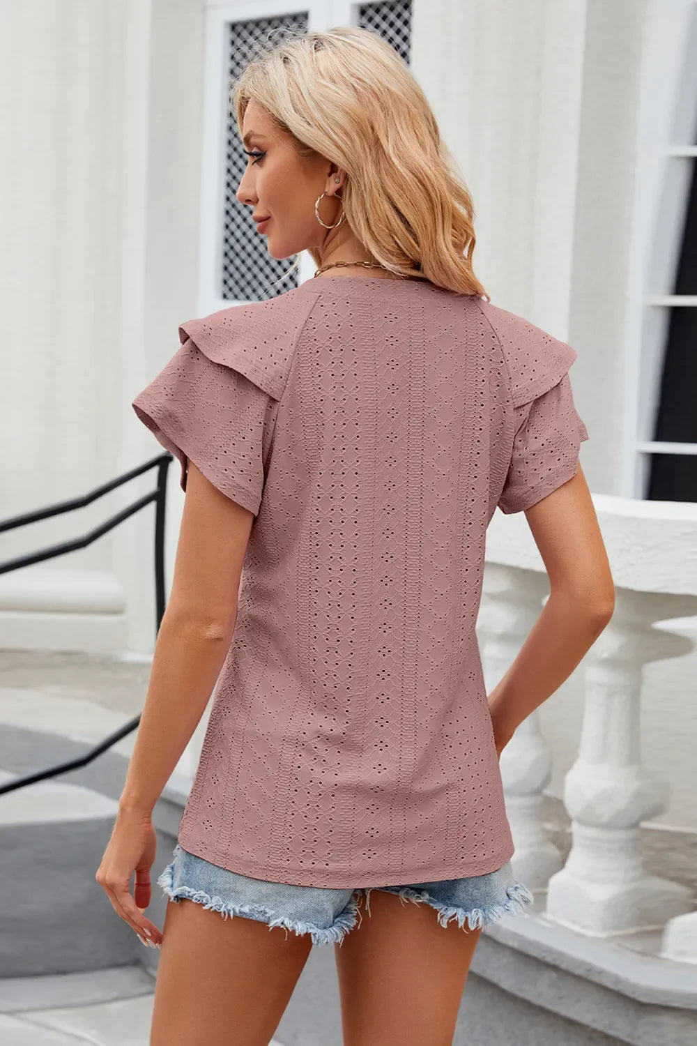 Eyelet Notched Short Sleeve T-Shirt