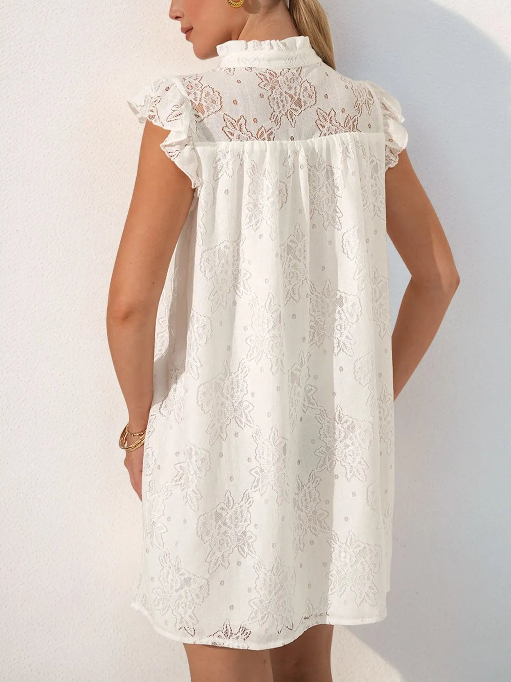 Lace Notched Cap Sleeve Mini Dress