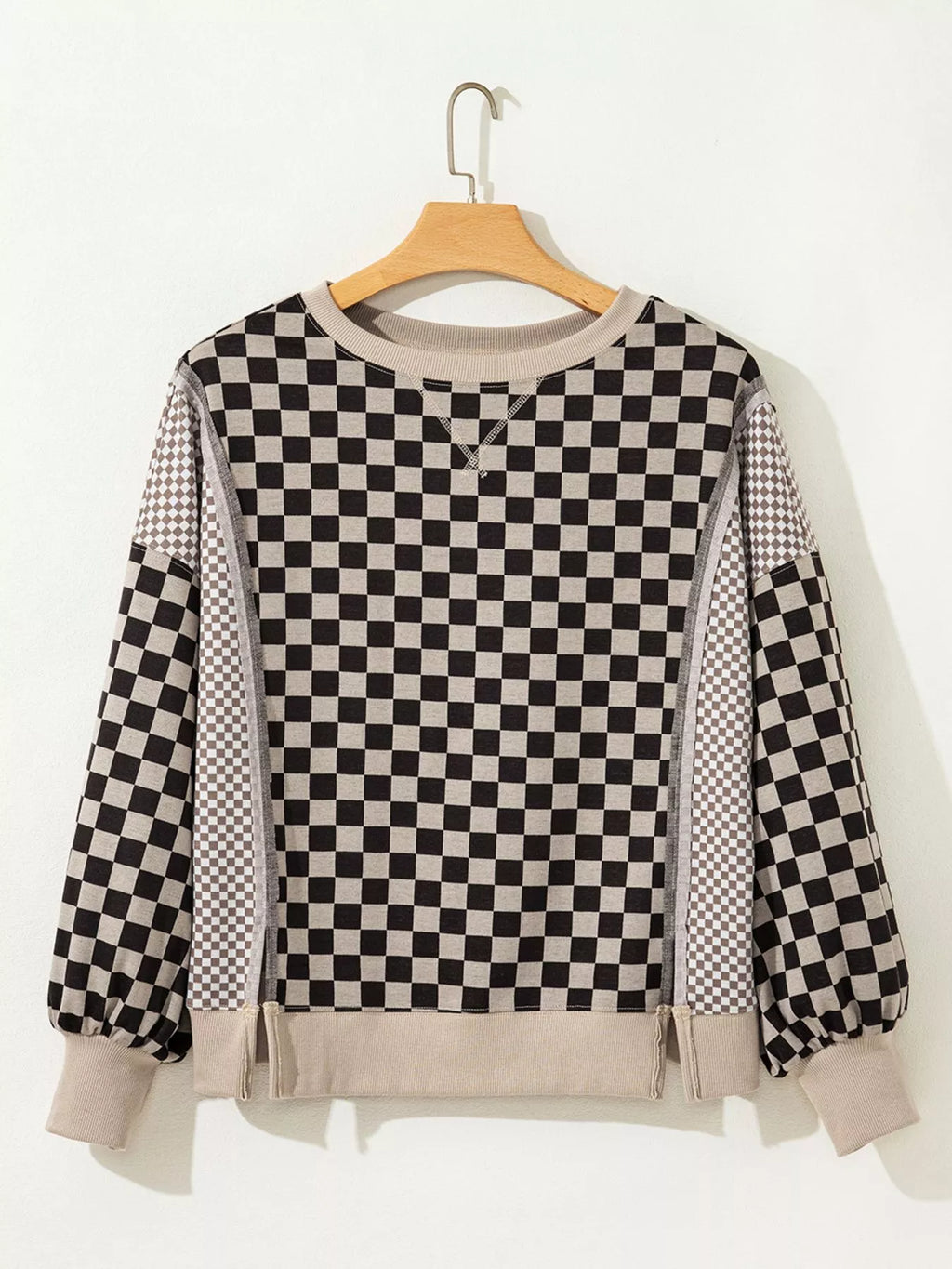 Mixed Checkered Pattern Patchwork High Low Casual Top