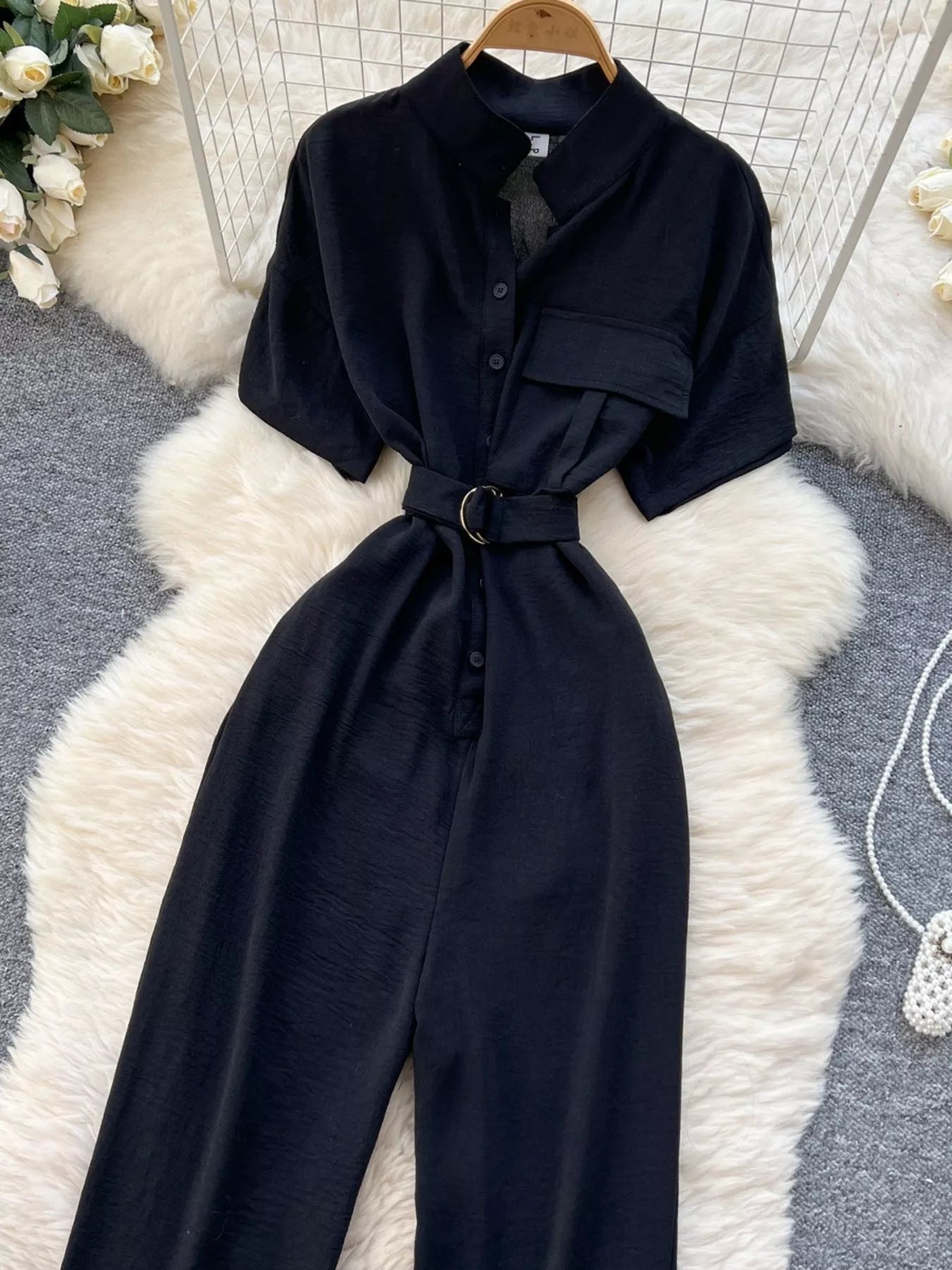 Button Front Wide Leg Jumpsuit