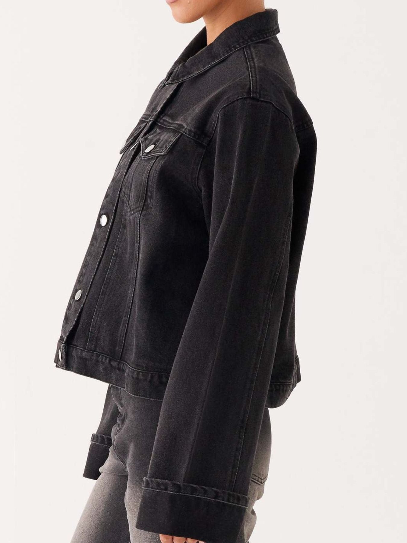 Button Down Cropped Oversized Denim Jacket