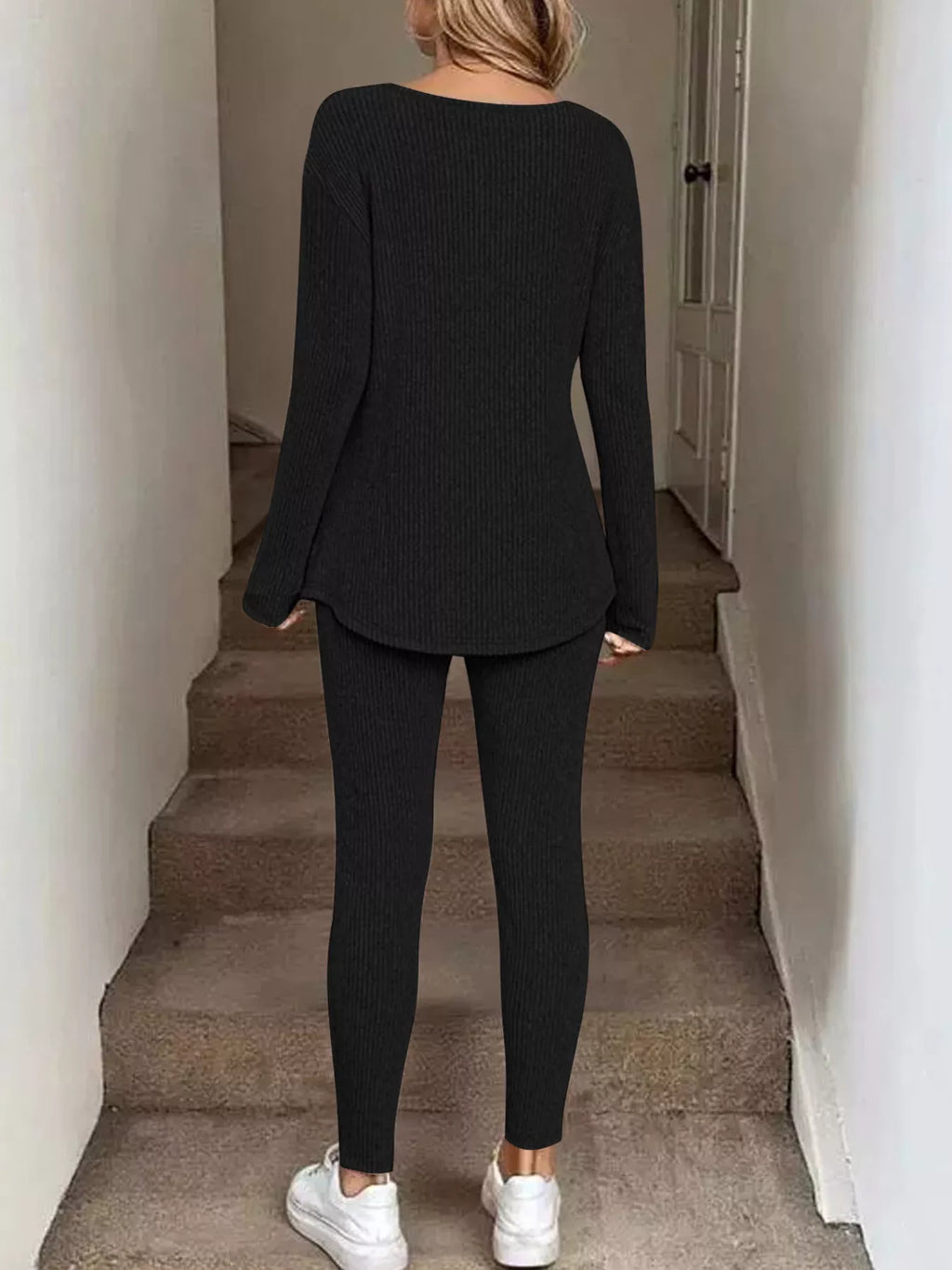 Ribbed Knit Long Sleeve Top and Pants Set