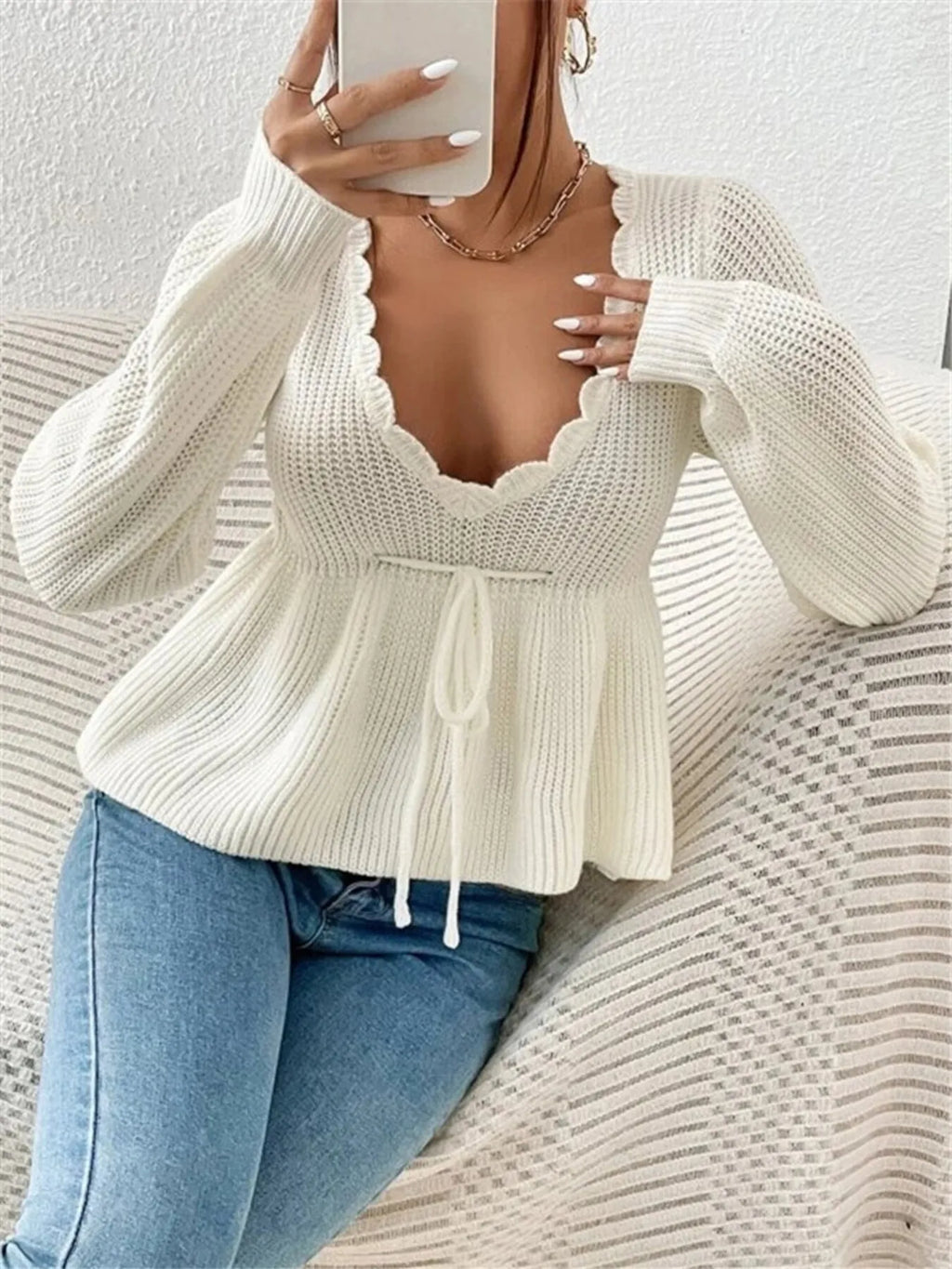 Scalloped V-Neck Drawstring Knit Top