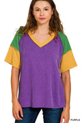 Zenana Mardi Gras Raised Rib Color Block Top
