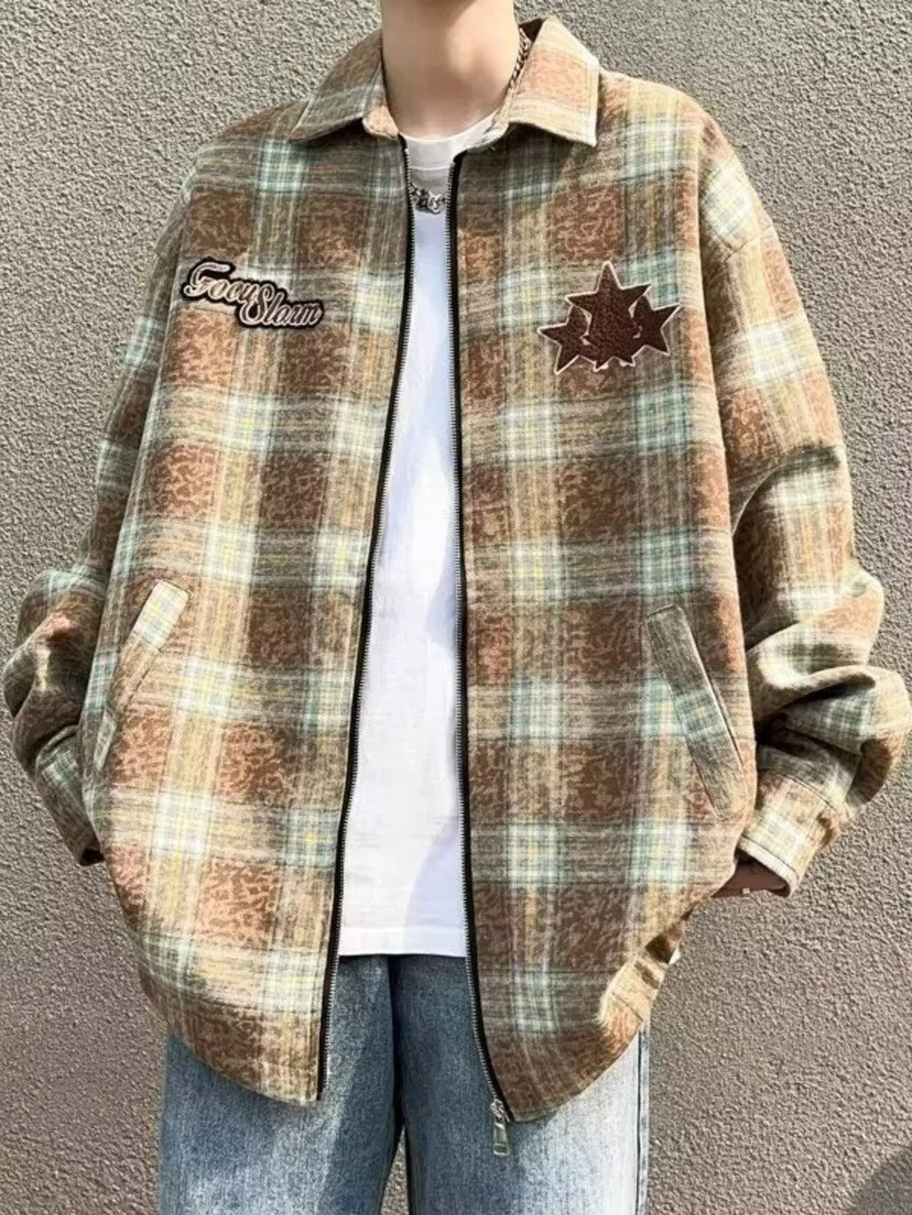 Men's Plaid Zip Up Long Sleeve Jacket