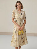 Butterfly Print Smocked Waist Tiered Midi Dress