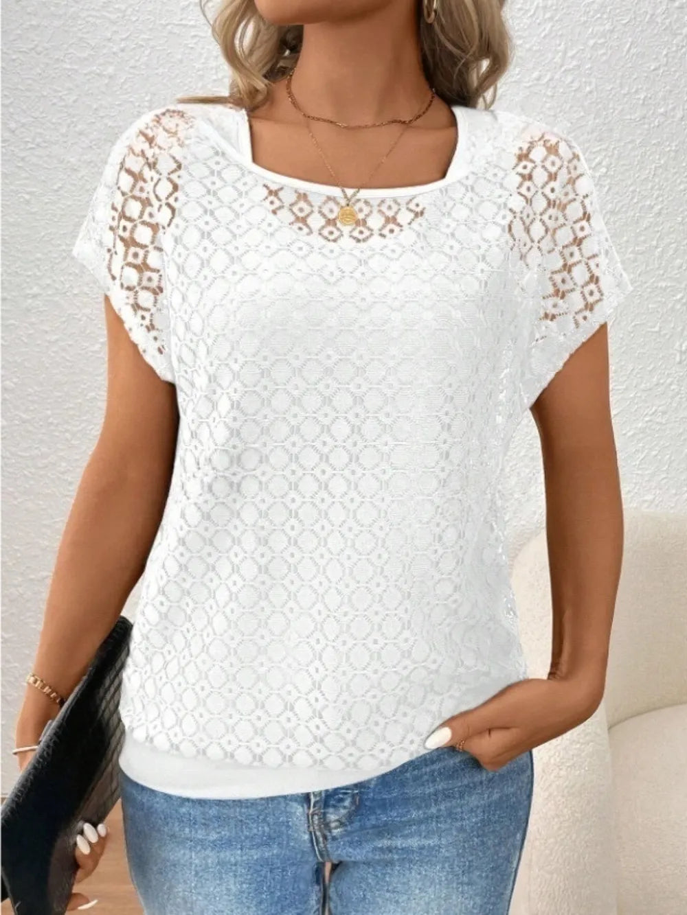 Lace Short Sleeve Fake Two Piece T-Shirt