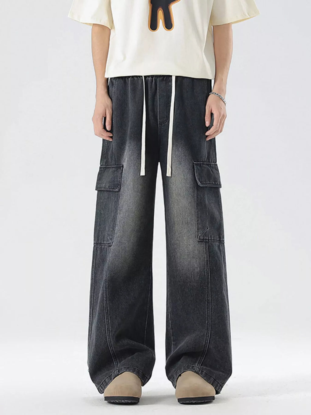 Men's Plus Size Wash Wide Leg Cargo Jeans