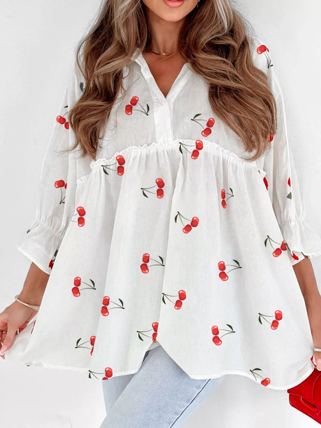Cherry Print Flounce Sleeve Collared Frilled Babydoll Blouse