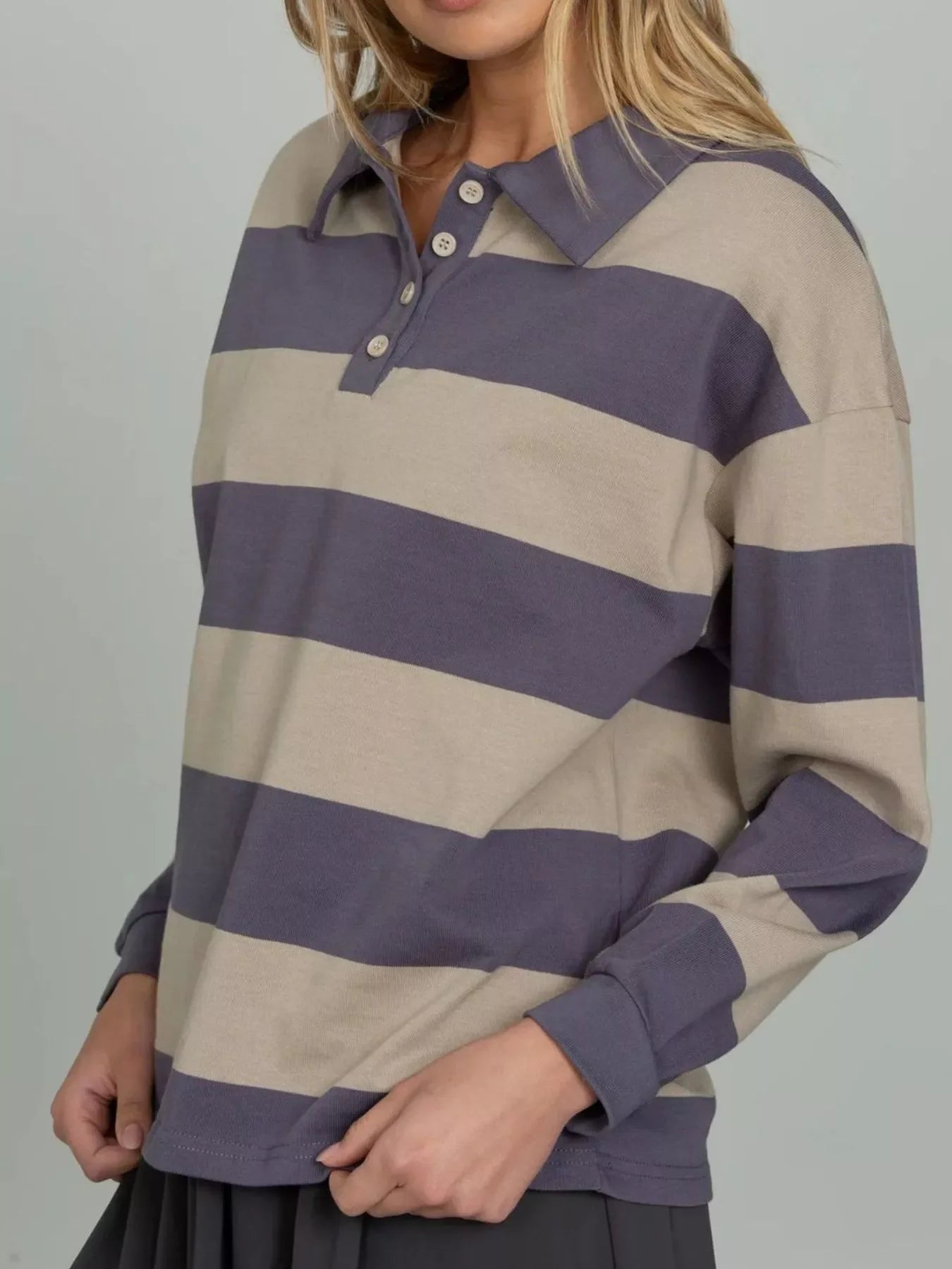 Striped Polo Collar Sweatshirt with Button Details