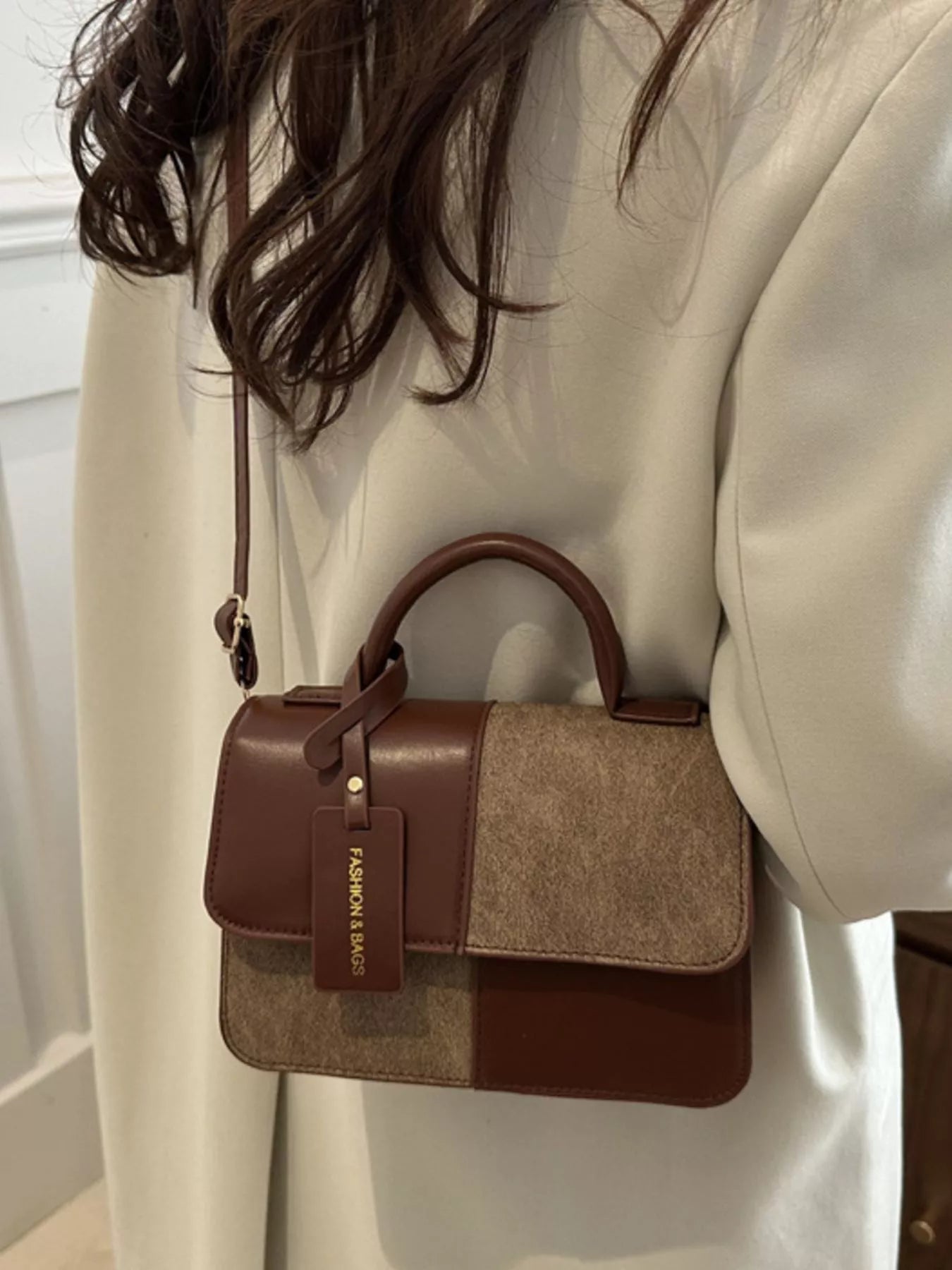 Color Block Flap Crossbody Bag with Top Handle