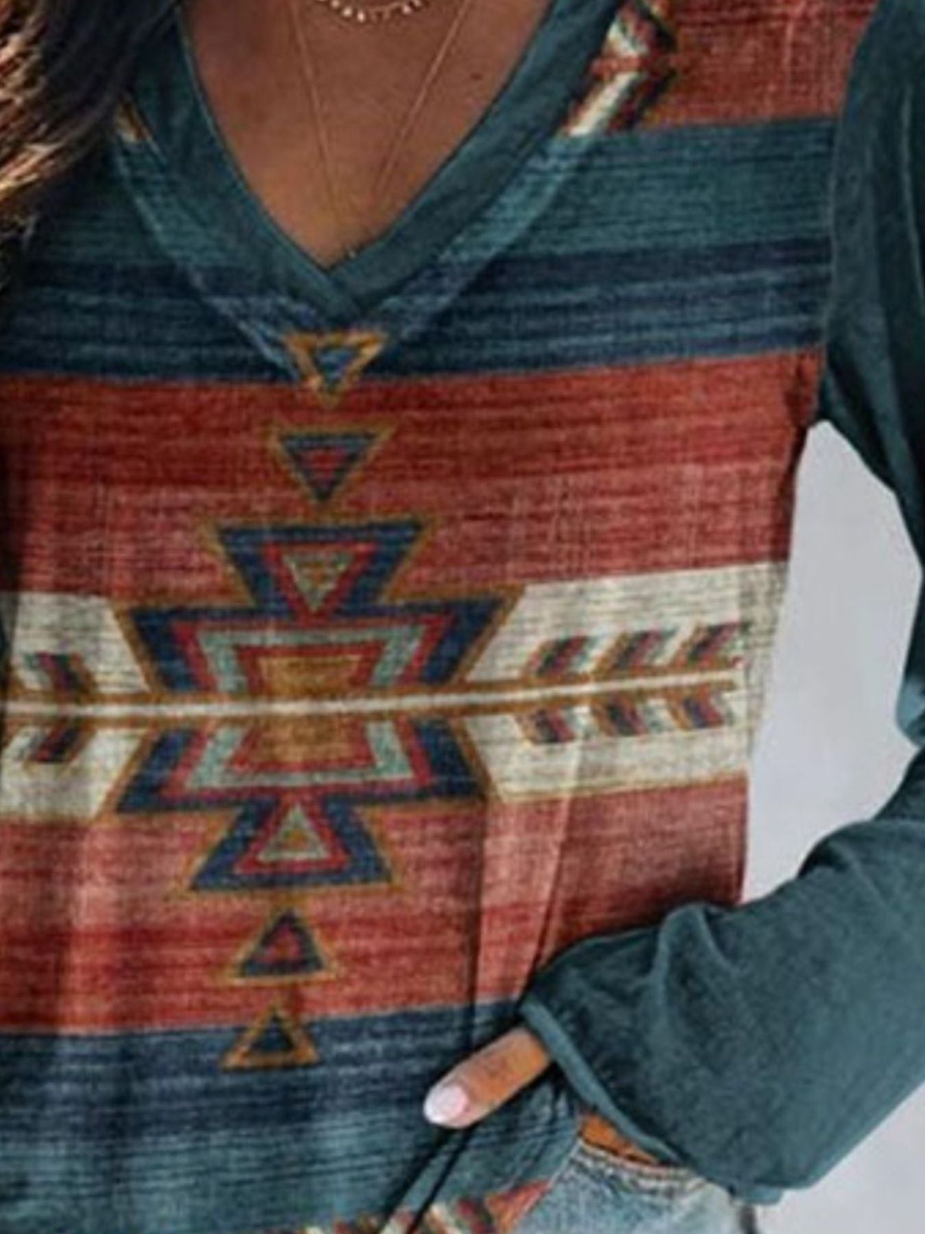 Full Size Geometric V-Neck Long Sleeve T-Shirt Plus Size