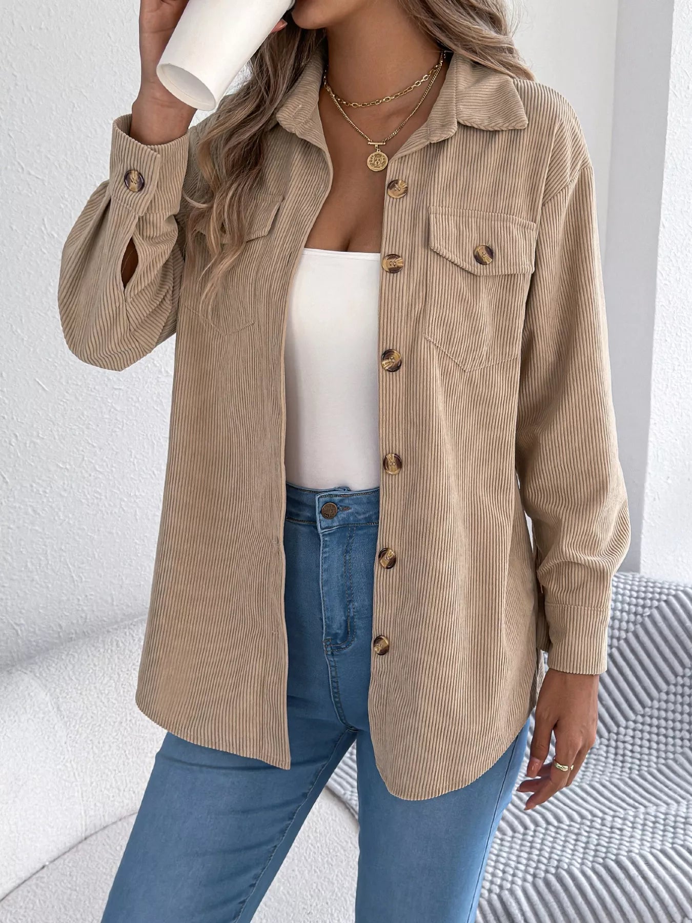 Casual Corduroy Button-Up Shacket