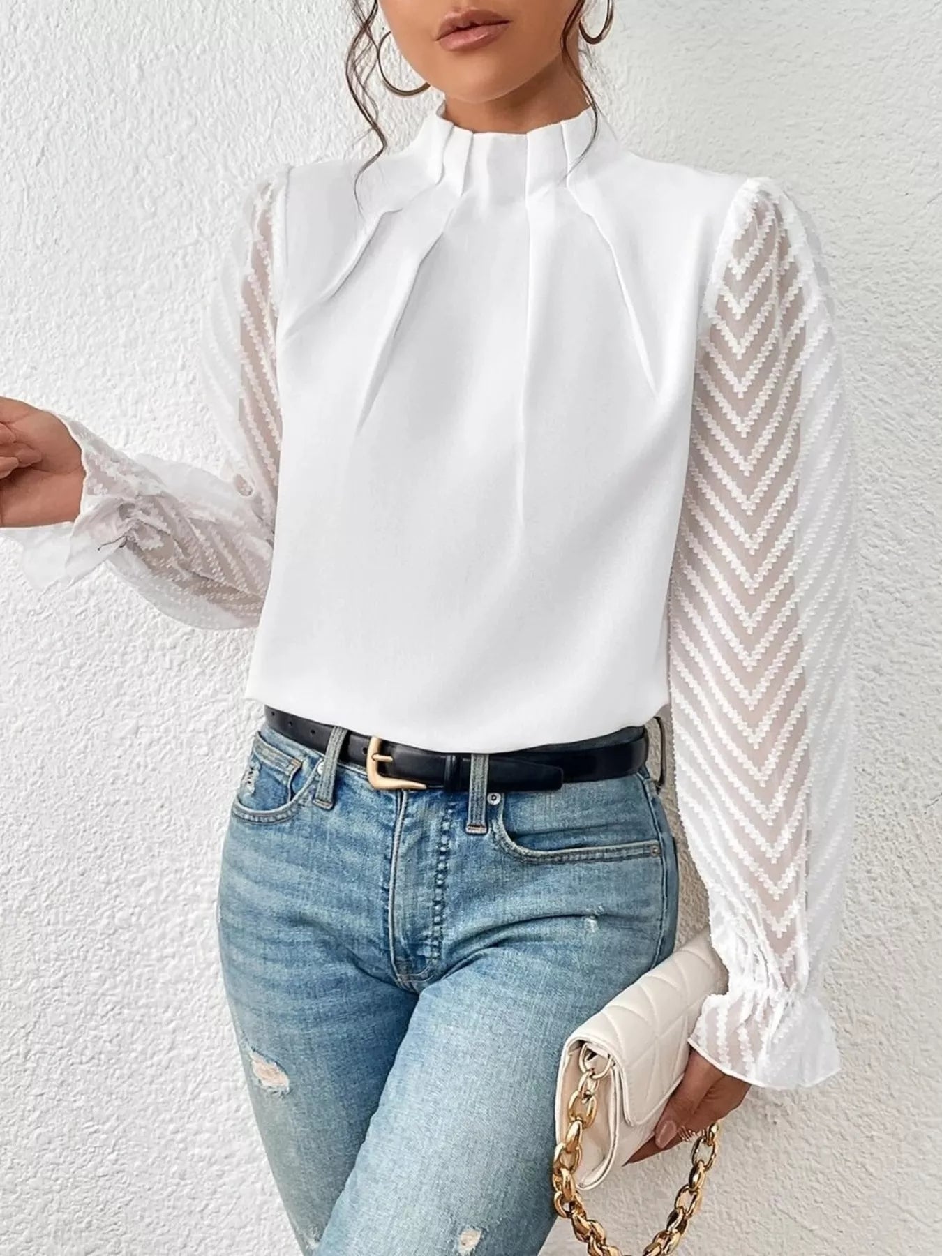 Mock Neck Sheer Lace Sleeve Blouse