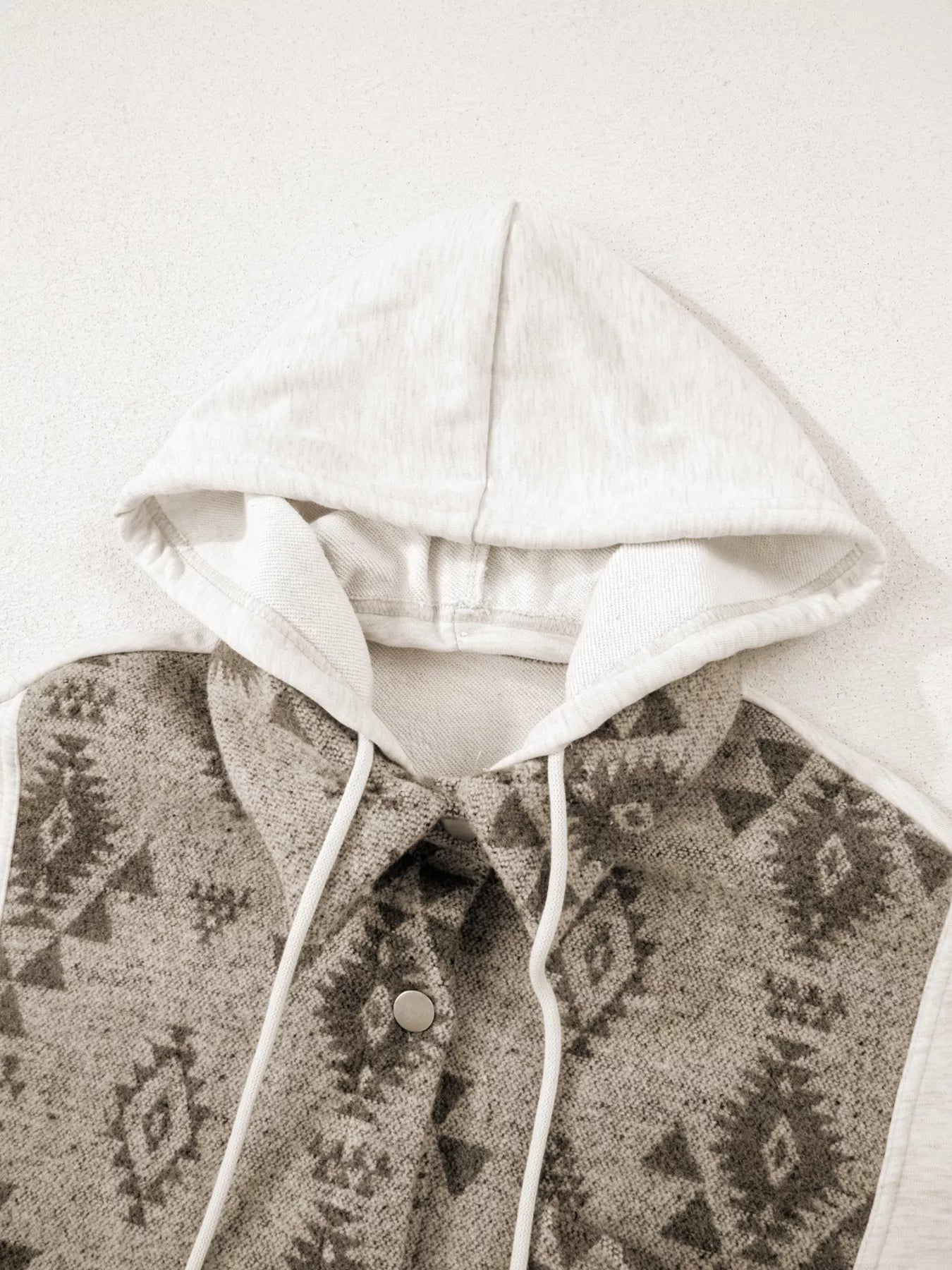 Western Aztec Print Color Block Patchwork Drawstring Hooded Shacket