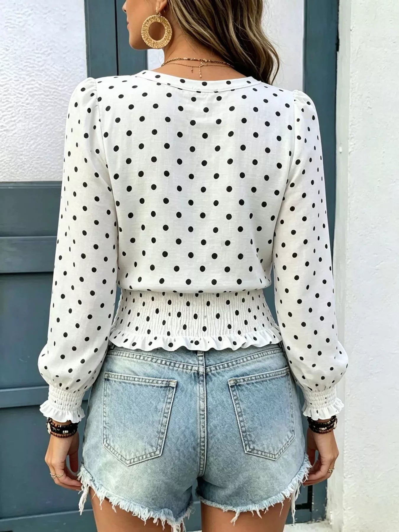Polka Dot V-Neck Smocked Blouse