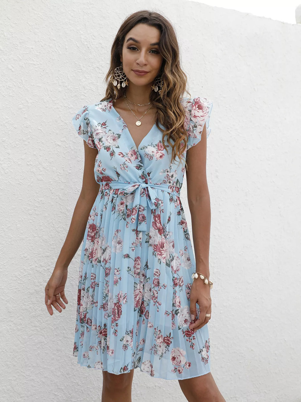 Pleated Floral Print Ruffle Sleeve Dress