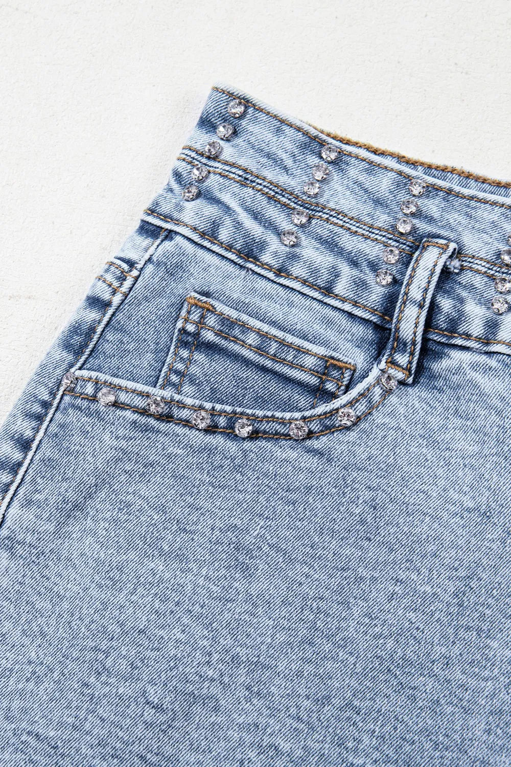 Rhinestone Light Wash Raw Hem High Waist Denim Shorts