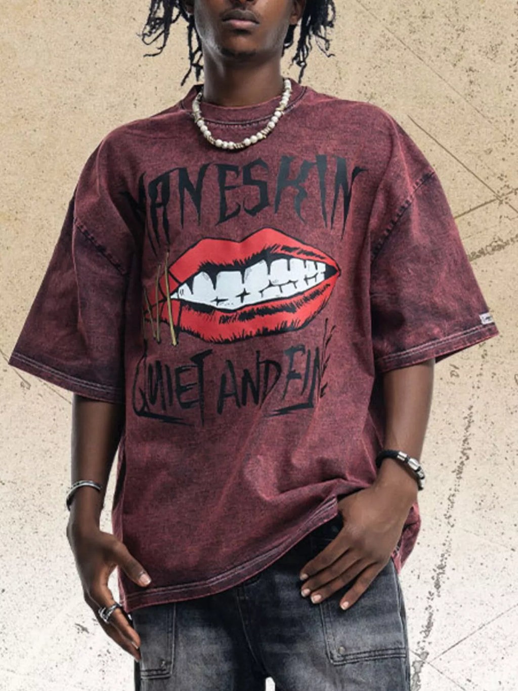 Men's Lip Graphic Washed Round Neck T-Shirt