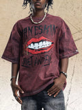Men's Lip Graphic Washed Round Neck T-Shirt