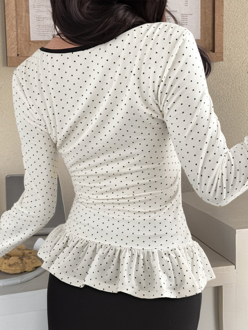 Polka Dot Ruffle Trim Long Sleeve T-Shirt