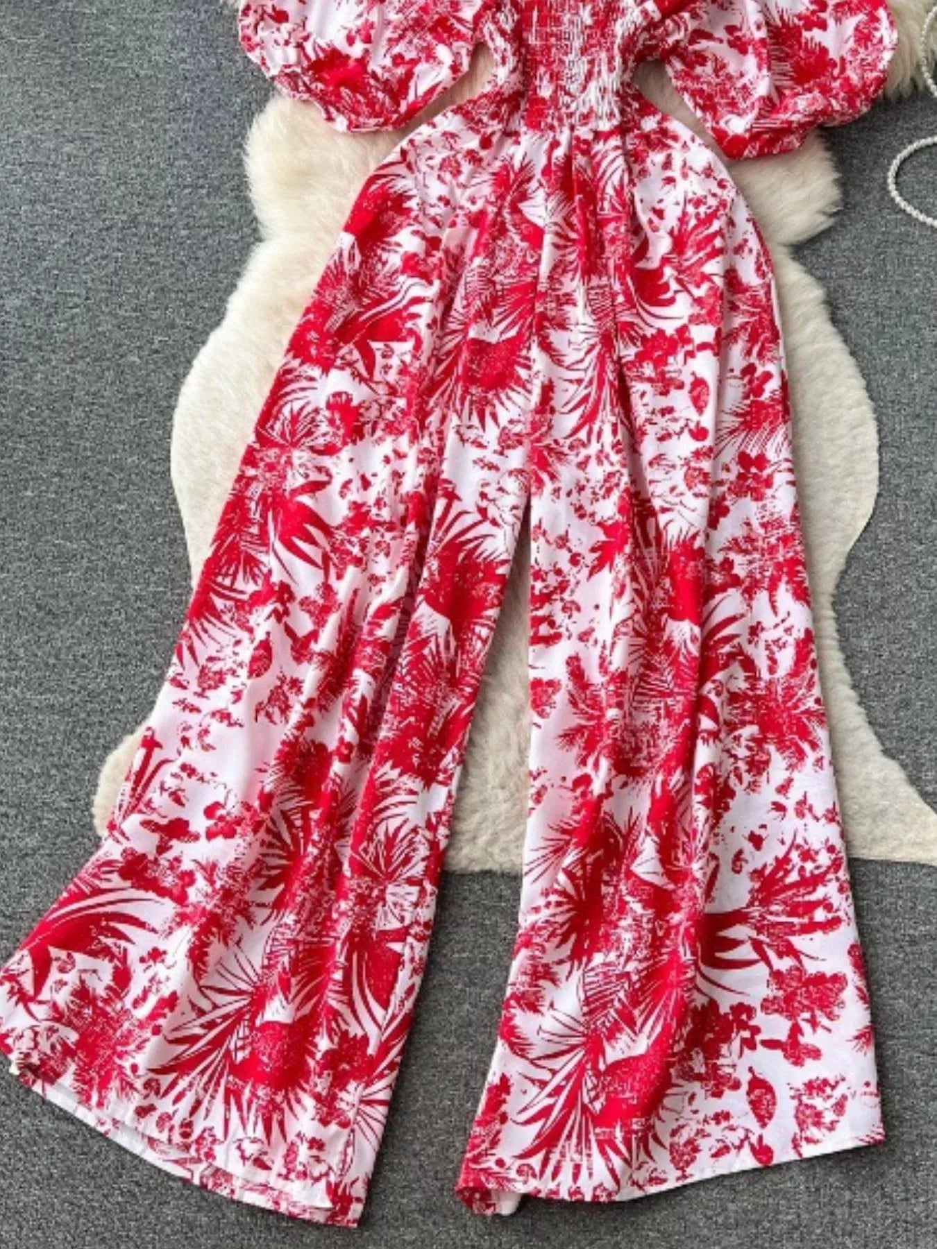 Smocked V-Neck Wide Leg Jumpsuit