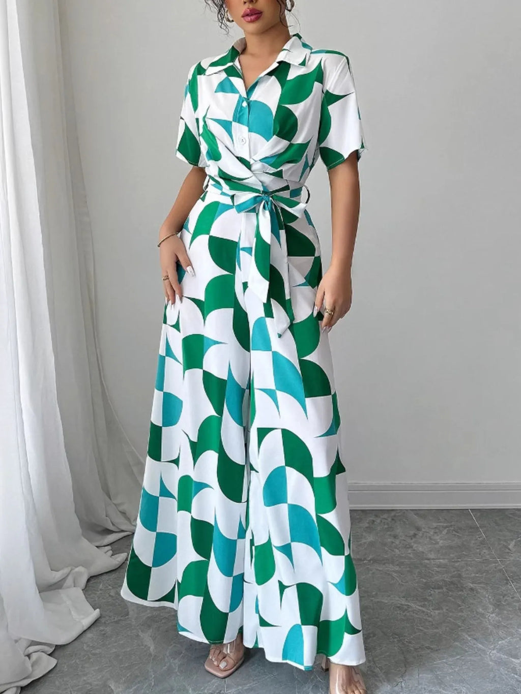 Printed Wide Leg Belted Jumpsuit