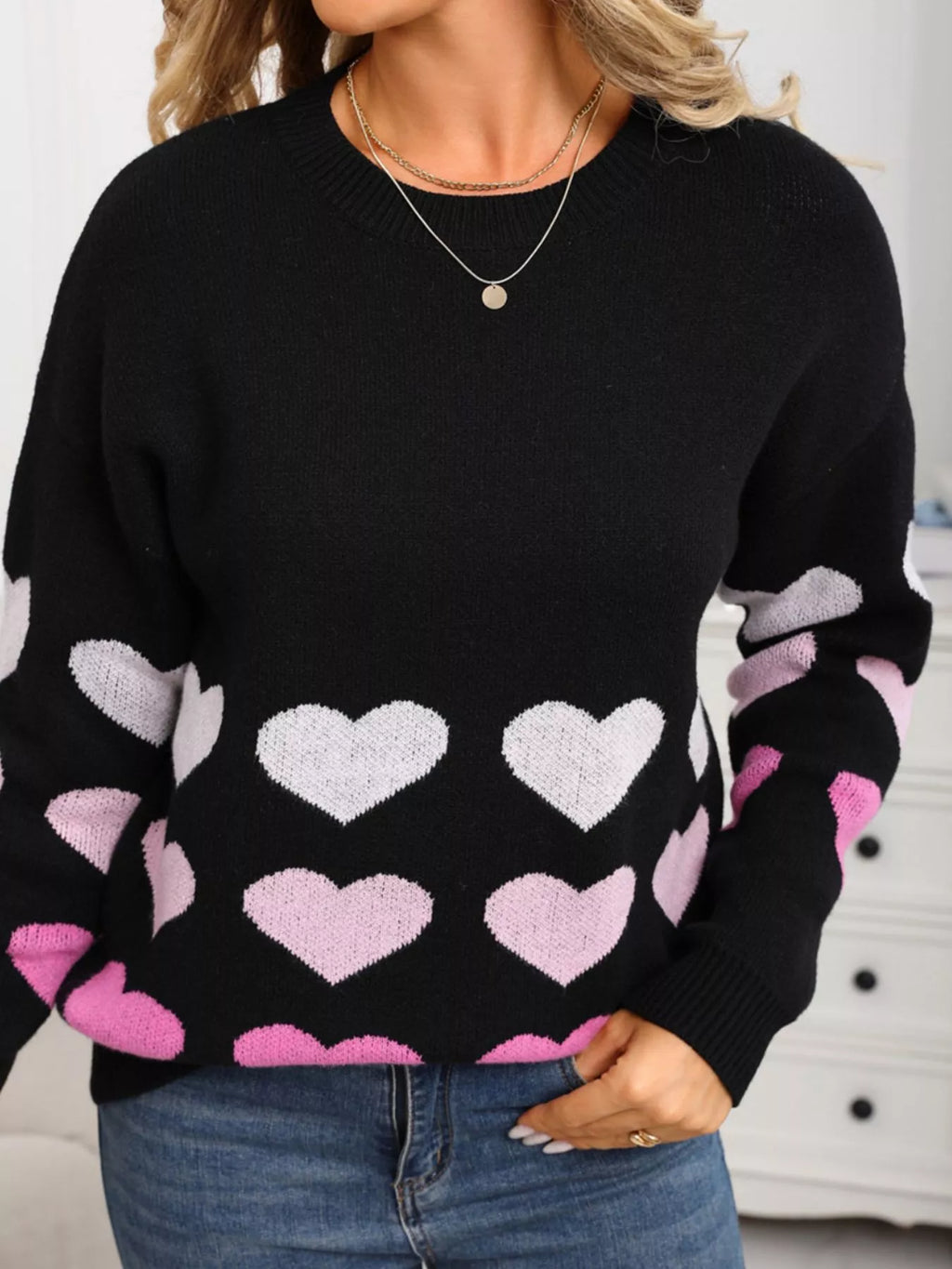 Valentine's Day Heart Pattern Crew Neck Sweater