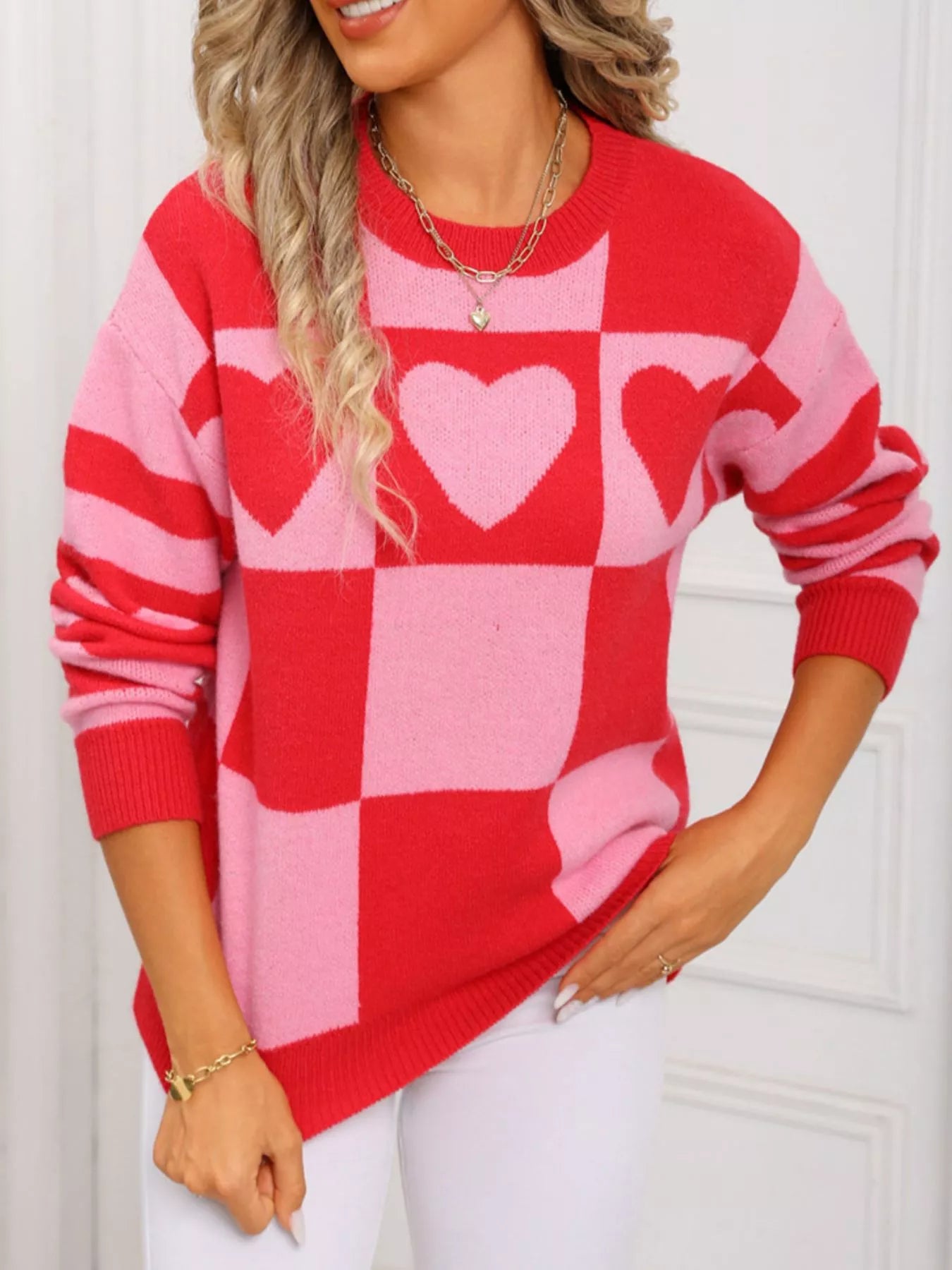 Heart Pattern Checkerboard Knit Sweater