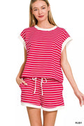 Zenana Stripe Contrast Trim Top & Shorts Set