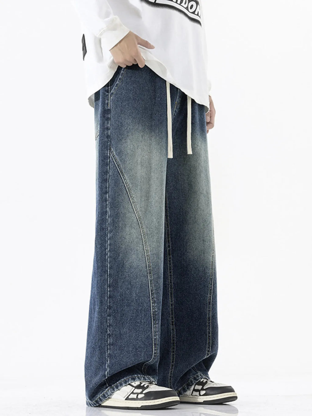Men's Full Size Wide Leg Drawstring Jeans Plus Size