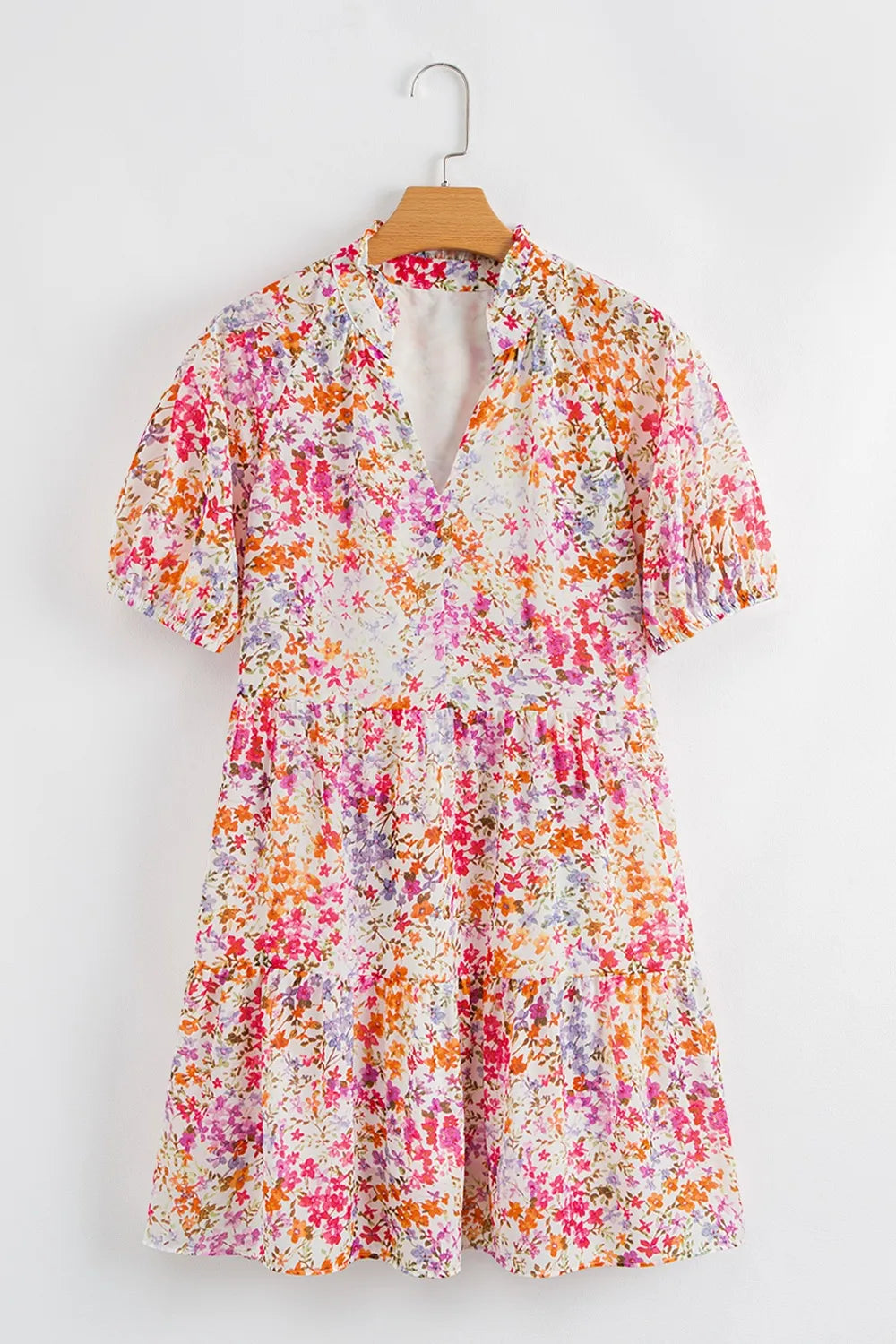 Floral Puff Sleeve Notched Tiered Mini Dress