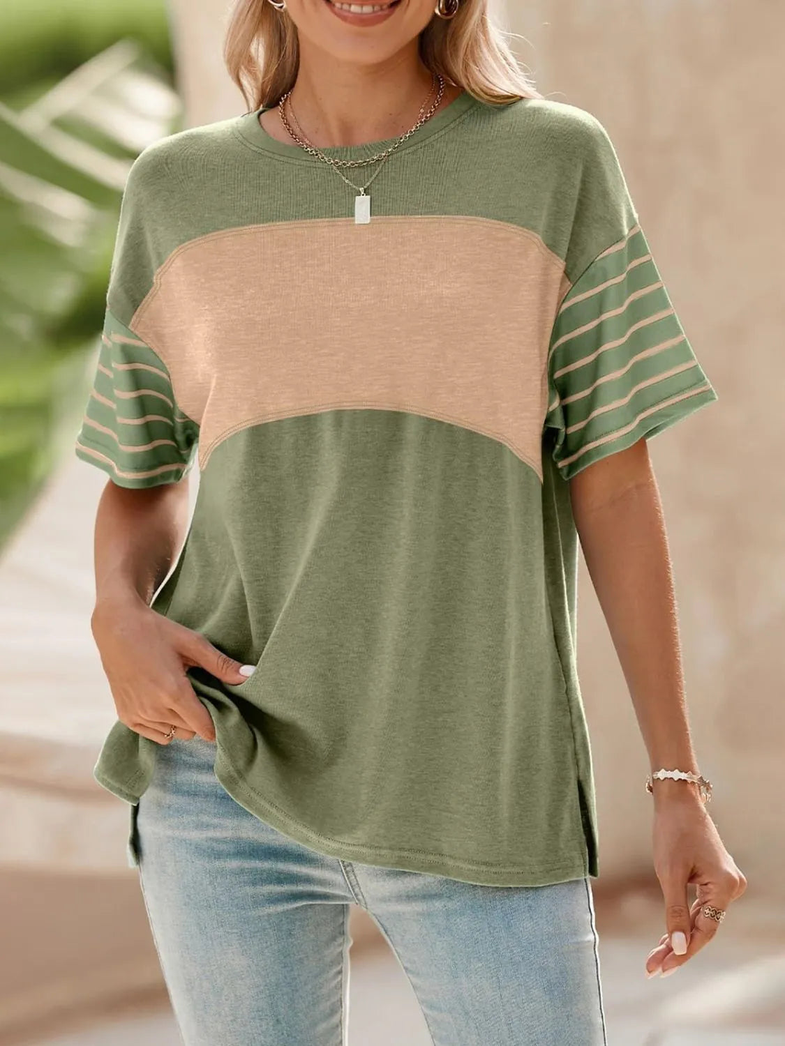 Color Block Striped Sleeve Casual T-Shirt