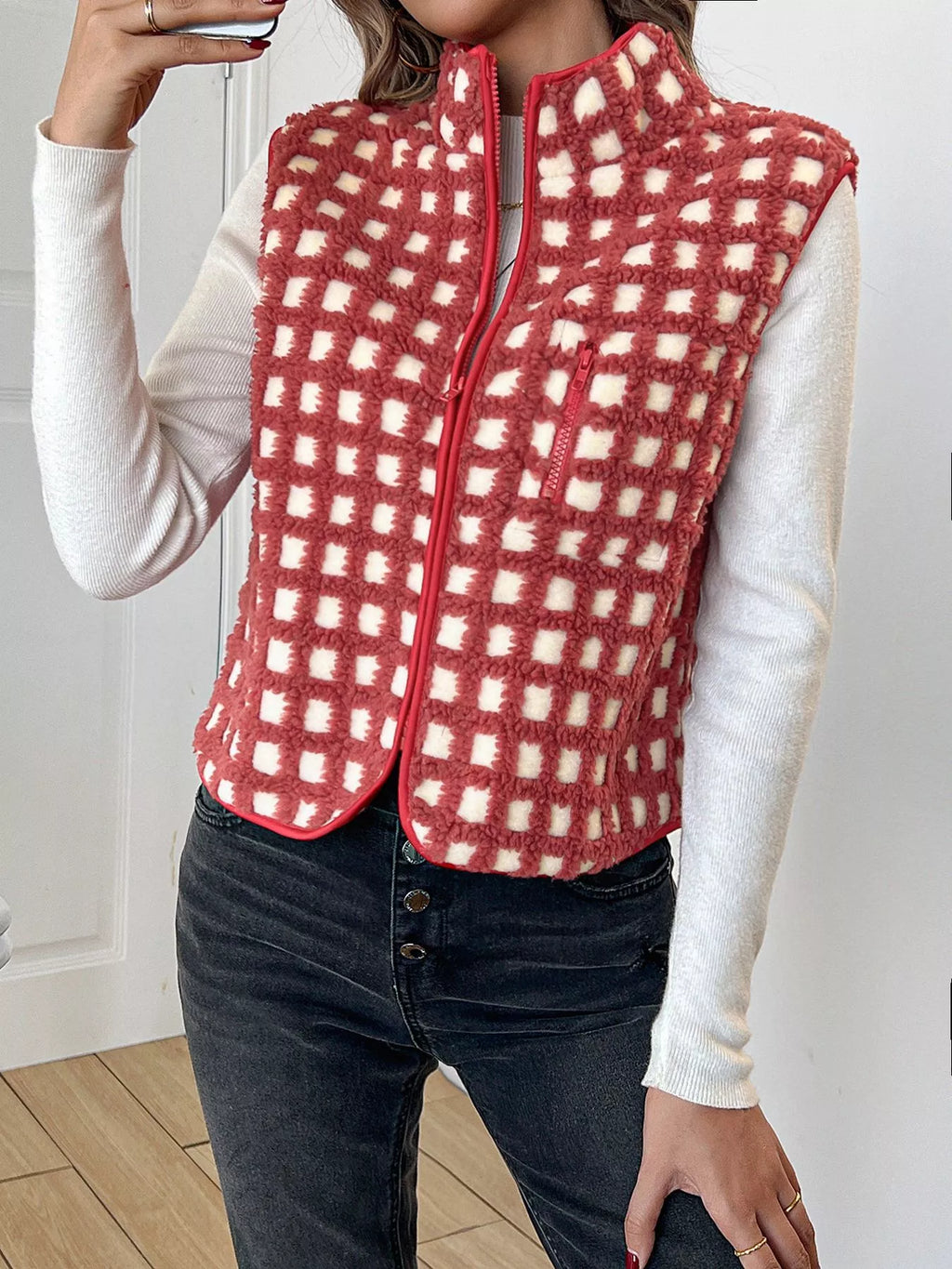Plaid Zip Up Vest Coat
