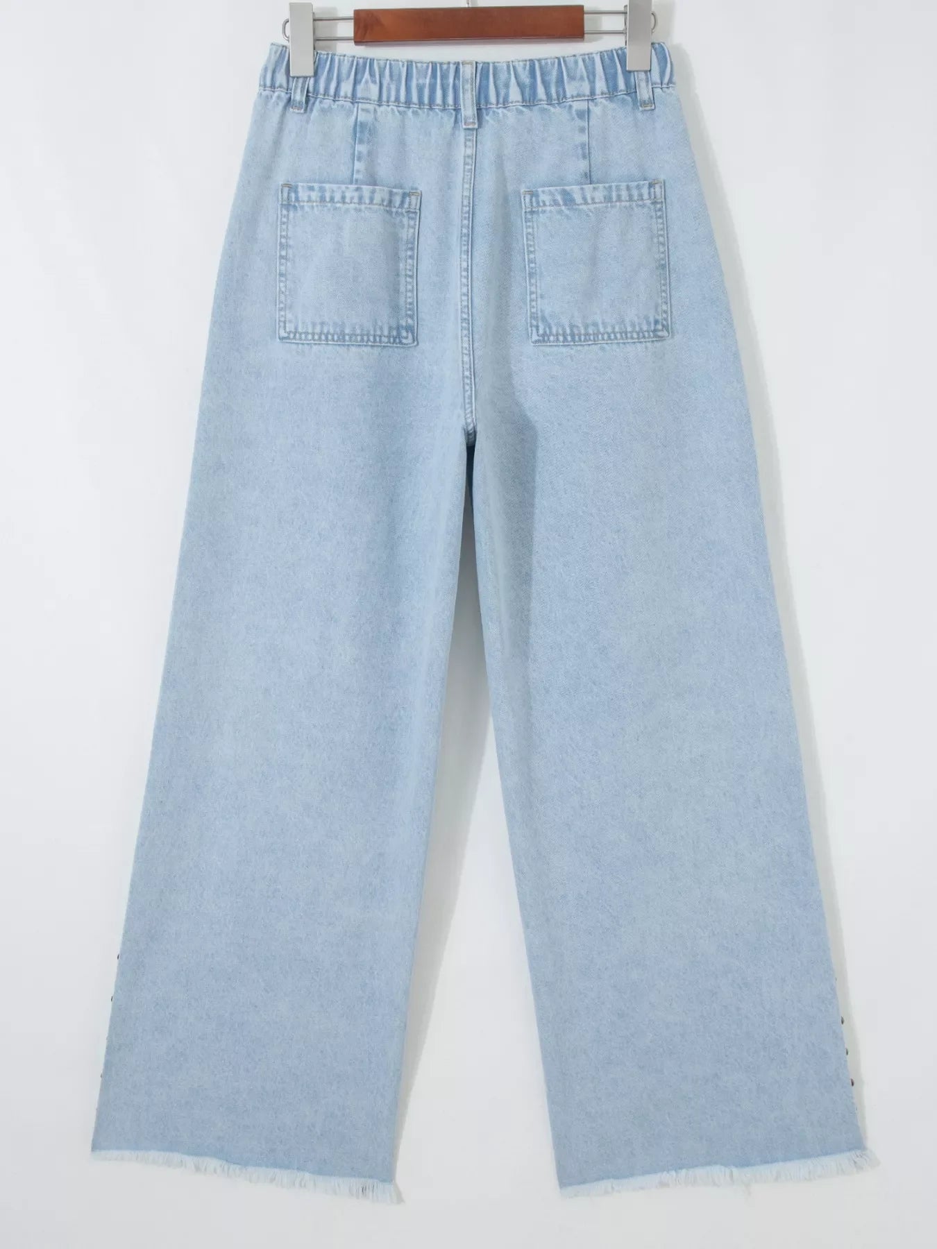 Studded Side Slit Leg Frayed Pocketed Wide Leg Jeans