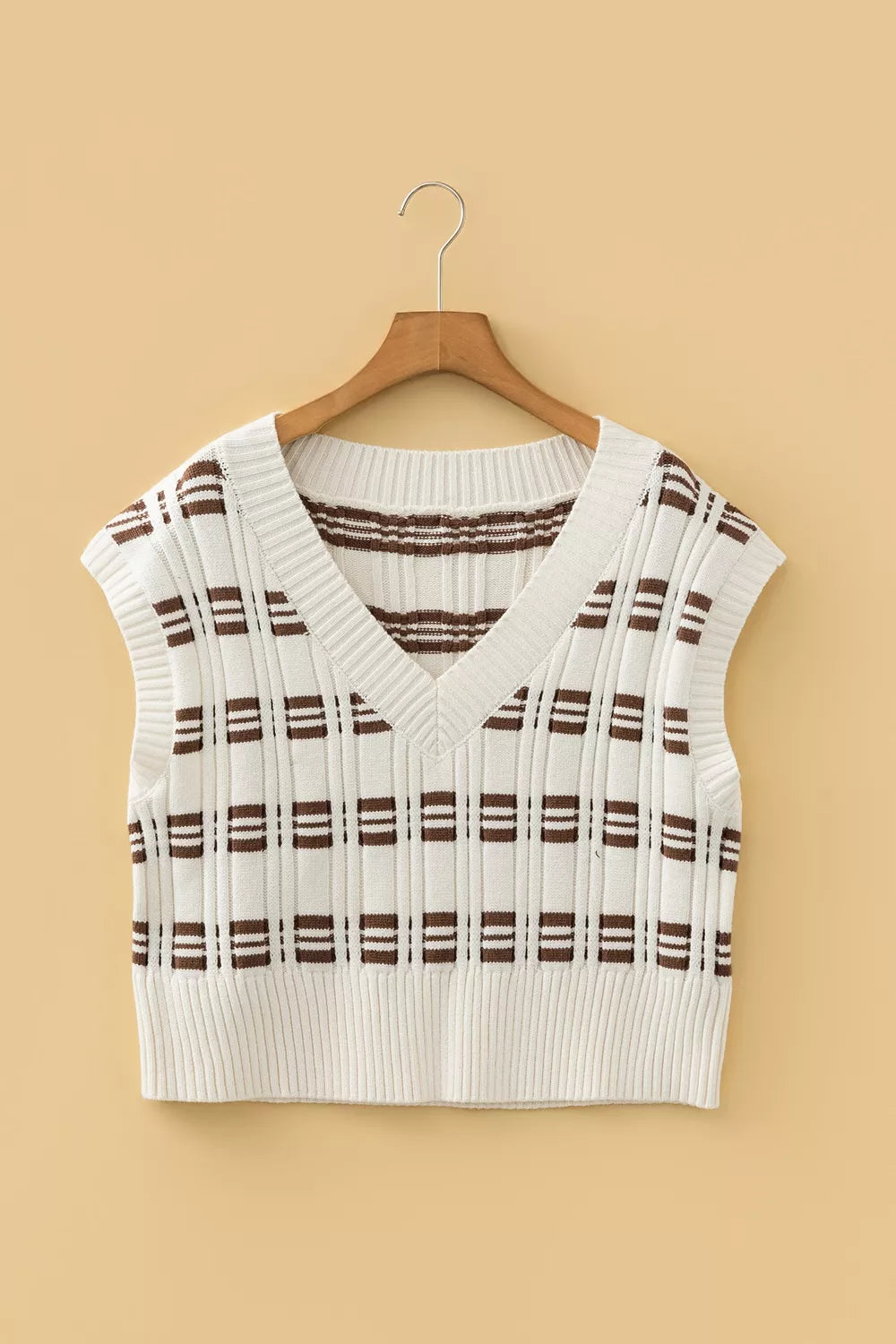 Contrast Geometric Textured Knit V Neck Cropped Sweater Vest